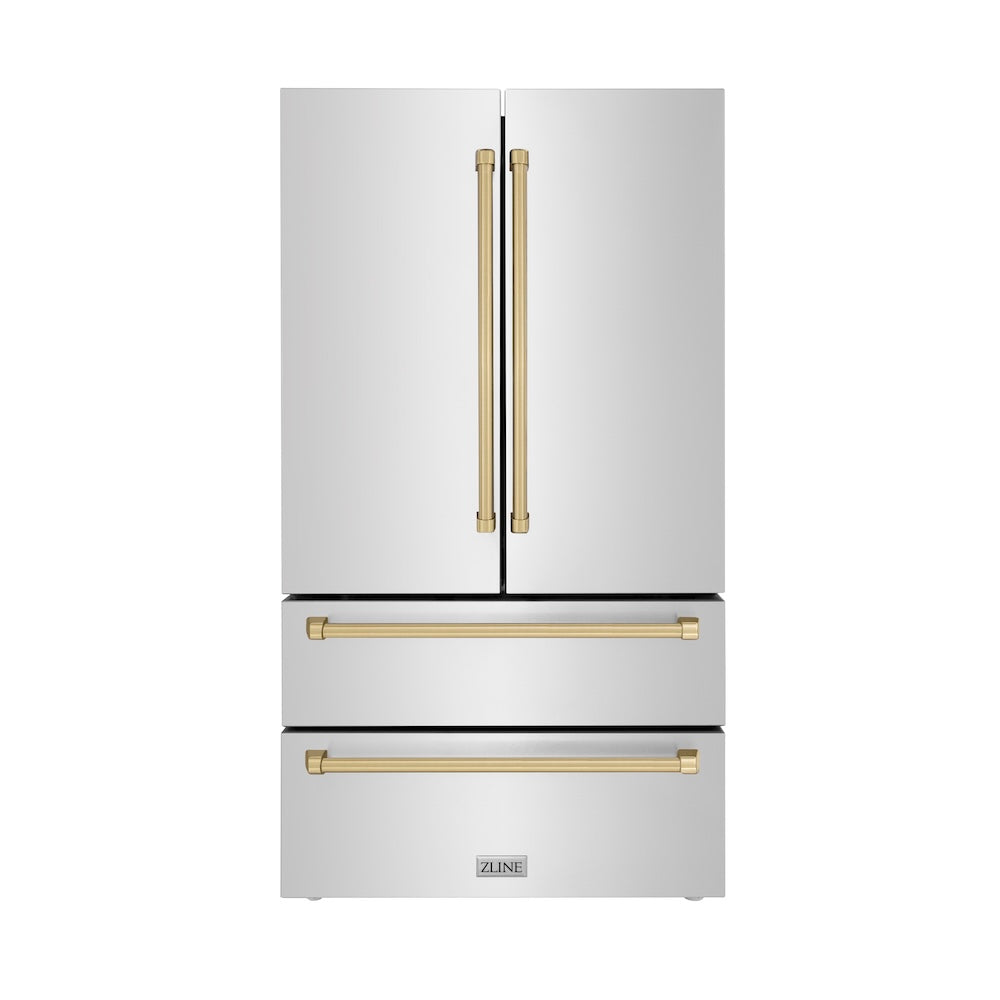 ZLINE Autograph Edition 36 in. 22.5 cu. ft. Counter-Depth French Door Refrigerator with Ice Maker in Fingerprint-Resistant Stainless Steel with Champagne Bronze Traditional Handles (RFMZ-36-CB)