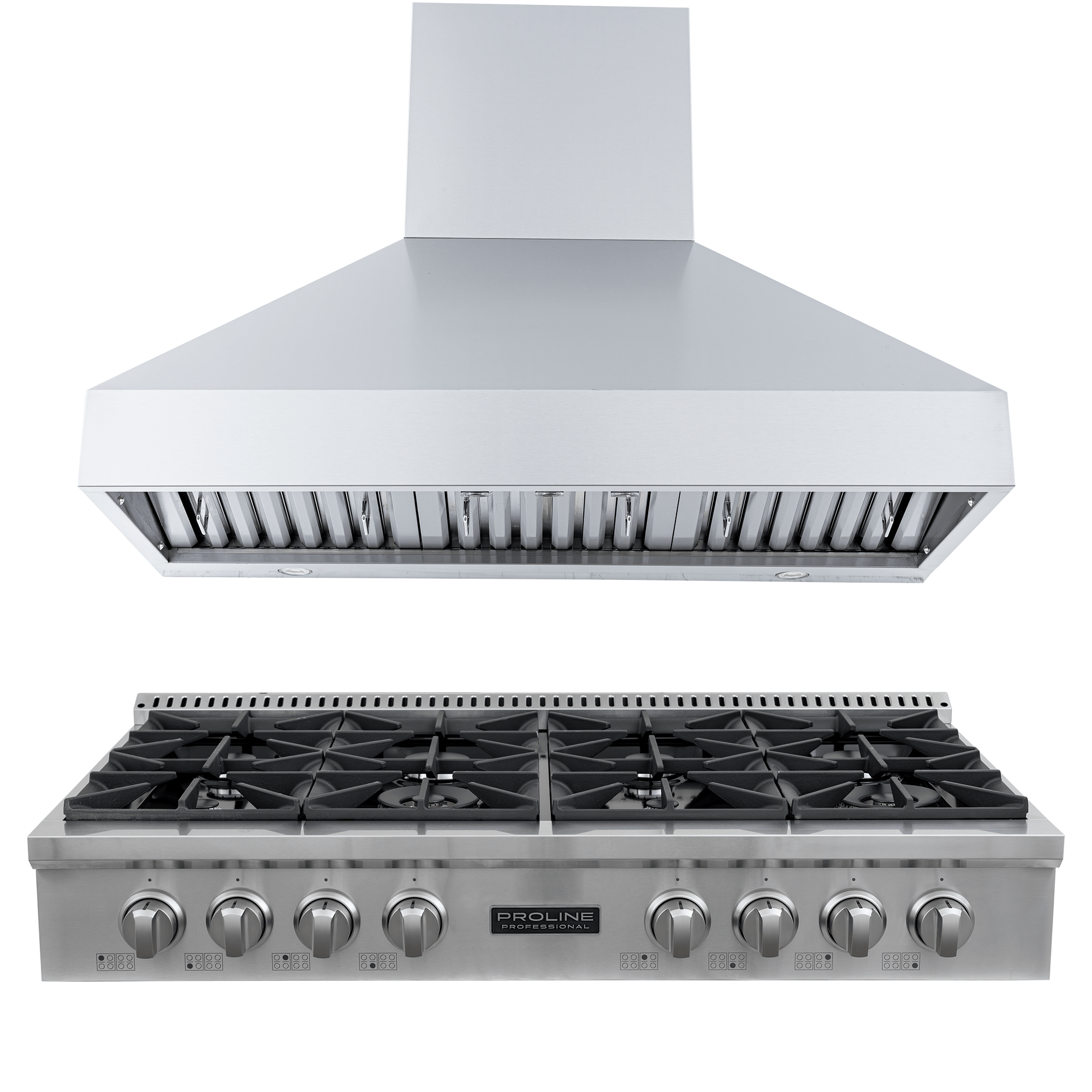 ProlineRangeHoods.com Proline PLST 48" Gas Range + PLJW 104 SS Hood Bundle, 6 burners, front view—save 10%.