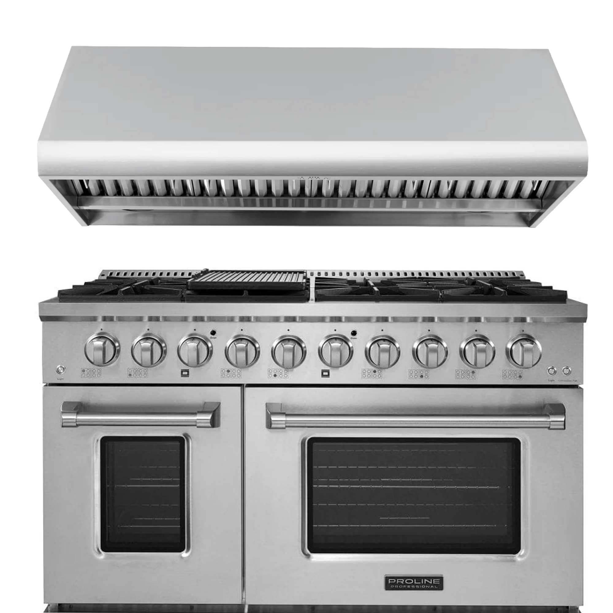 Save 10% on the Proline PLSR 48" Range & PLJW 109 48" Hood at ProlineRangeHoods.com—two ovens, six knobs.