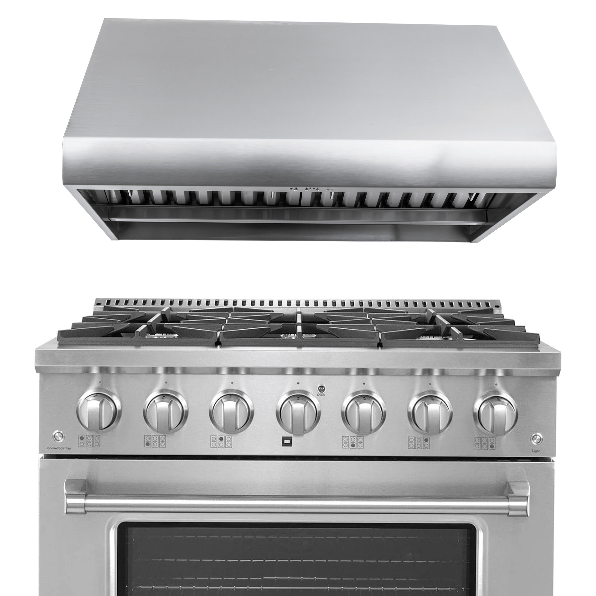 The Proline PLSR 36" All-Gas Range & PLJW 109 Wall-Mounted Hood Bundle, front view. Save 10% at ProlineRangeHoods.com.