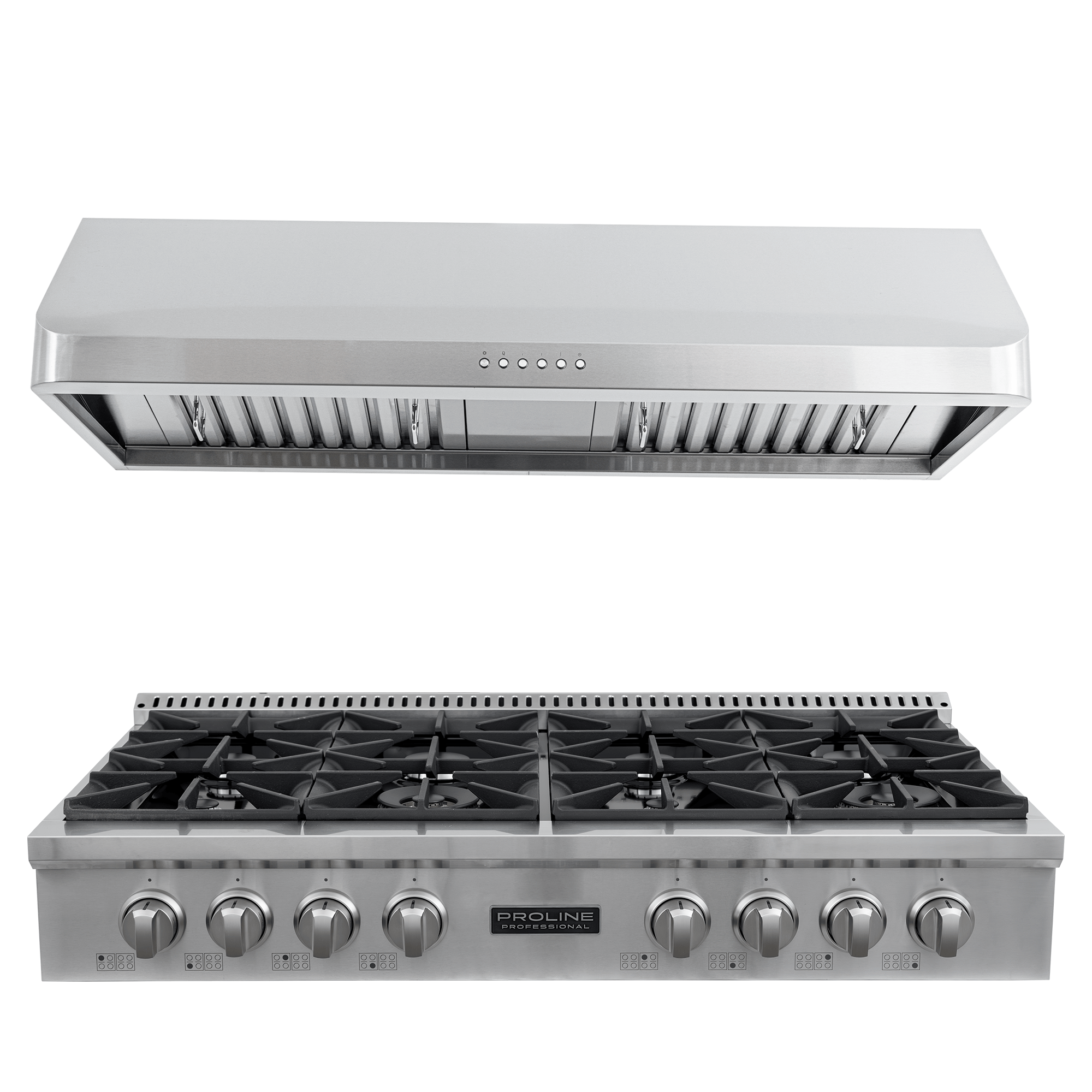 The Proline PLST 48" Gas Range + PLJW 121 Hood, stainless finish, front view—save 10% at ProlineRangeHoods.com.