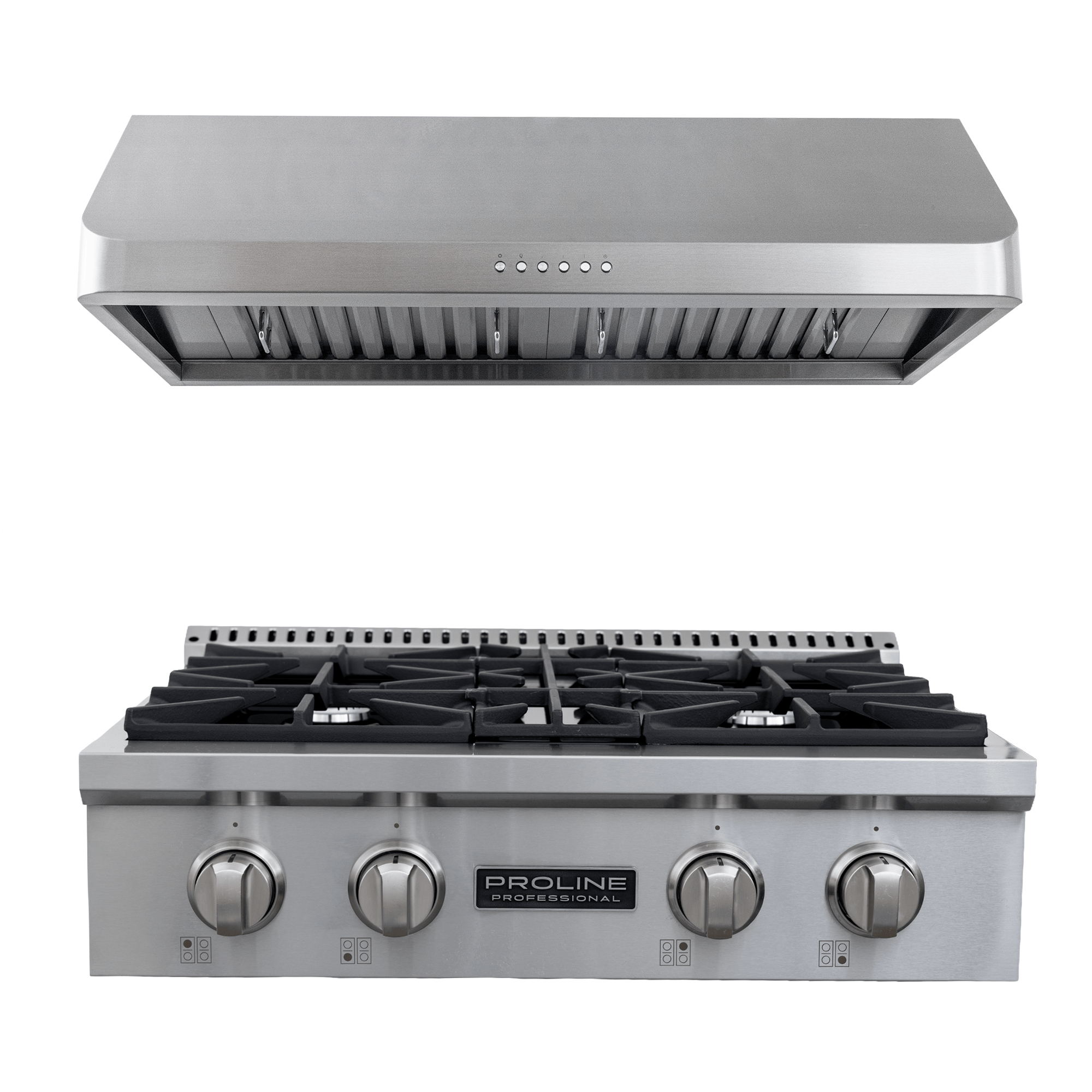 ProlineRangeHoods.com: Proline PLST 30" gas range & PLJW 121 hood, 4 burners, control knobs—save 10%.