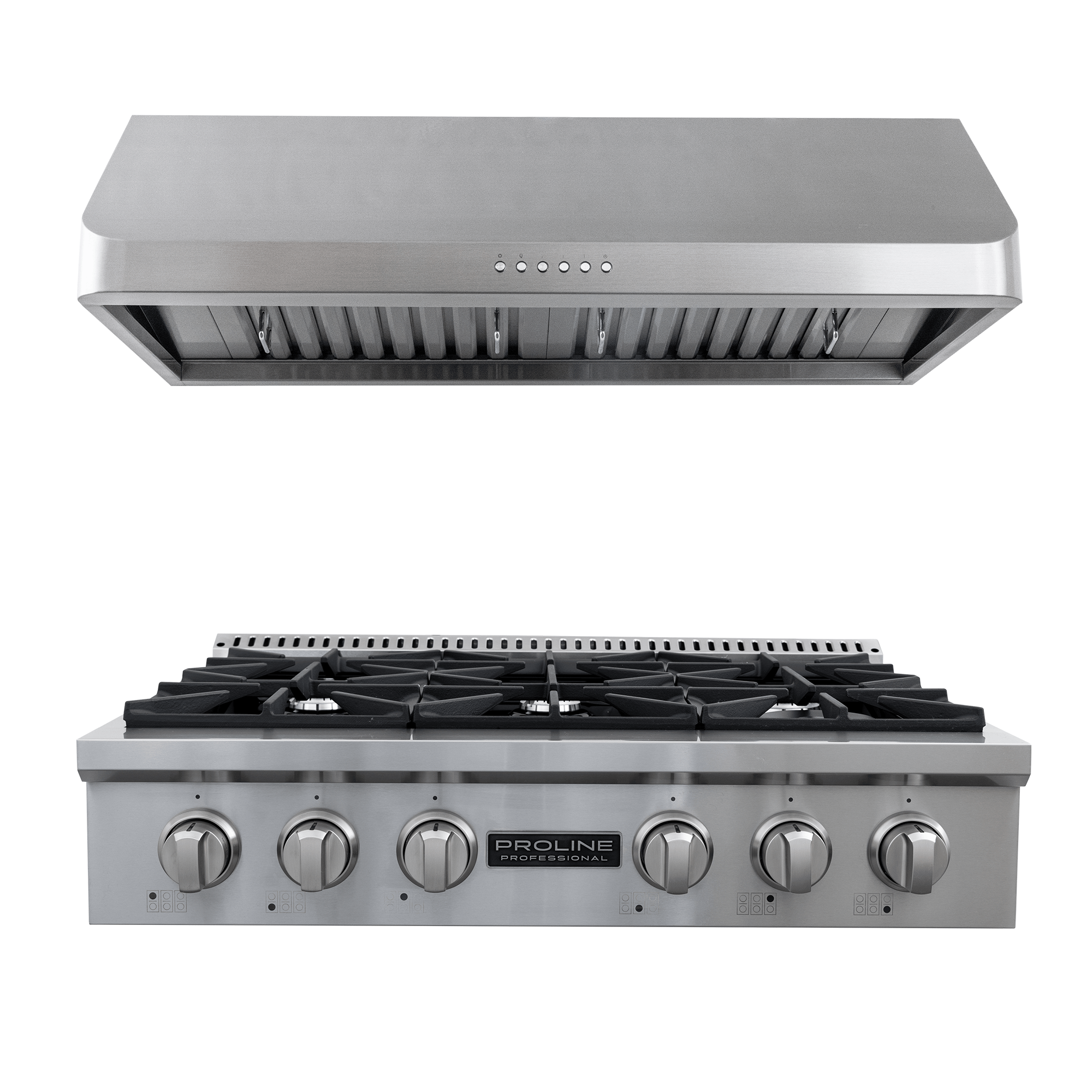 ProlineRangeHoods.com: PLST 36" Gas Range + PLJW 121 Hood bundle with 6 burners & front knobs—save 10%.