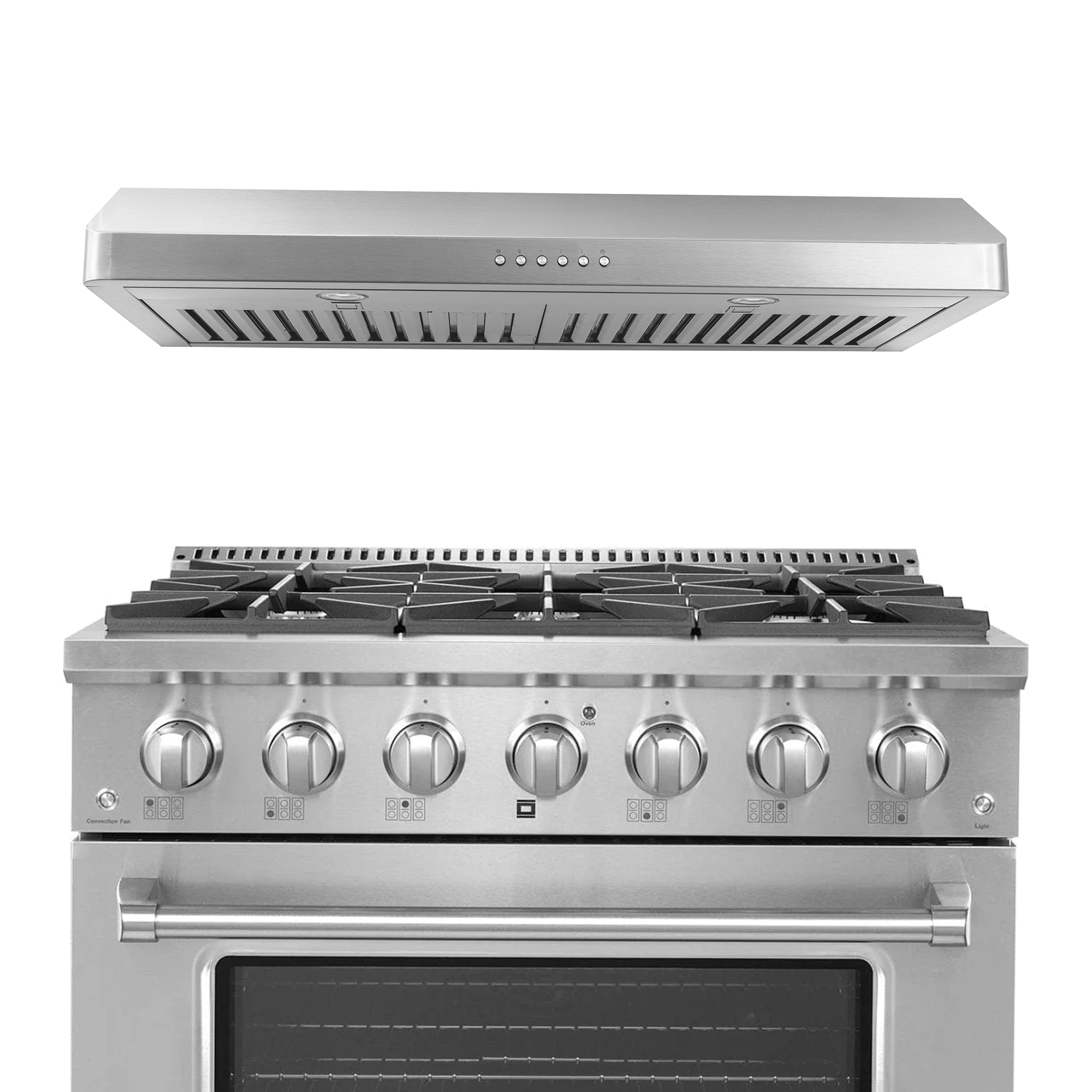 The Proline PLSR 36" range and PLJW 185 hood, front view. Save 10% on this bundle at ProlineRangeHoods.com.