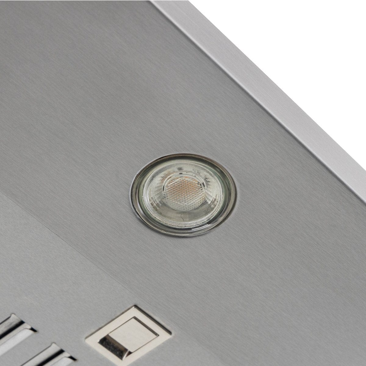 Close-up of the ProlineRangeHoods.com Stylish Ductless Stainless Steel Wall Mounted Range Hood, 600 CFM | Proline PLJW 129 RK600.