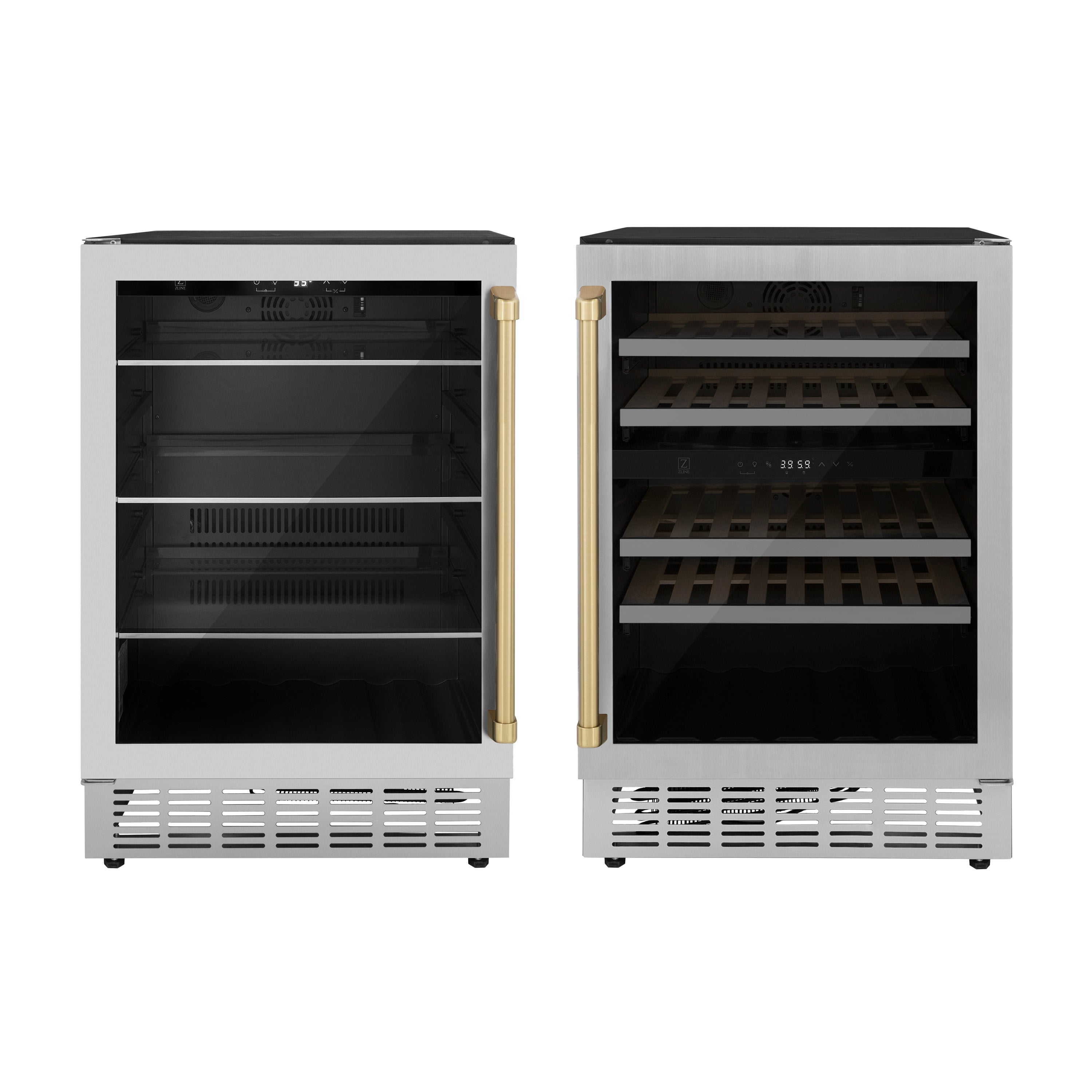 ZLINE Autograph Edition Kitchen Package with 24" Wine Cooler and 24" Beverage Fridge with Champagne Bronze Accents