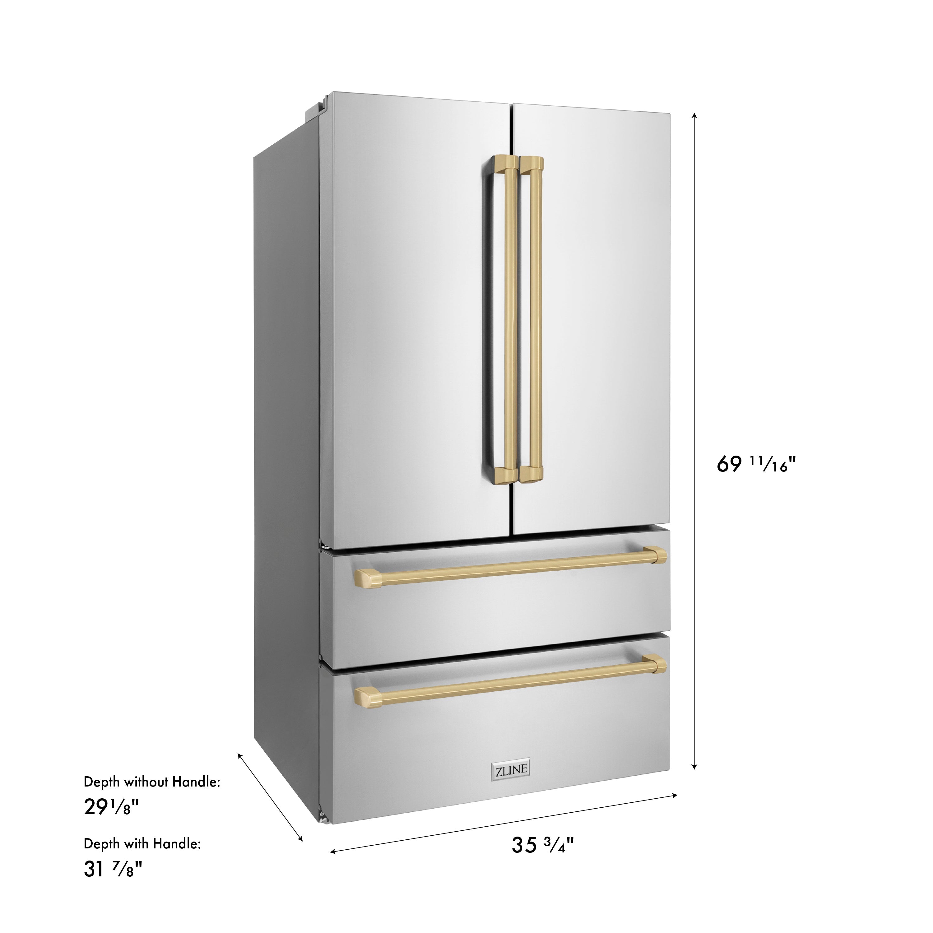 ZLINE Autograph Edition 36 in. 22.5 cu. ft. Counter-Depth French Door Refrigerator with Ice Maker in Fingerprint-Resistant Stainless Steel with Champagne Bronze Traditional Handles (RFMZ-36-CB)