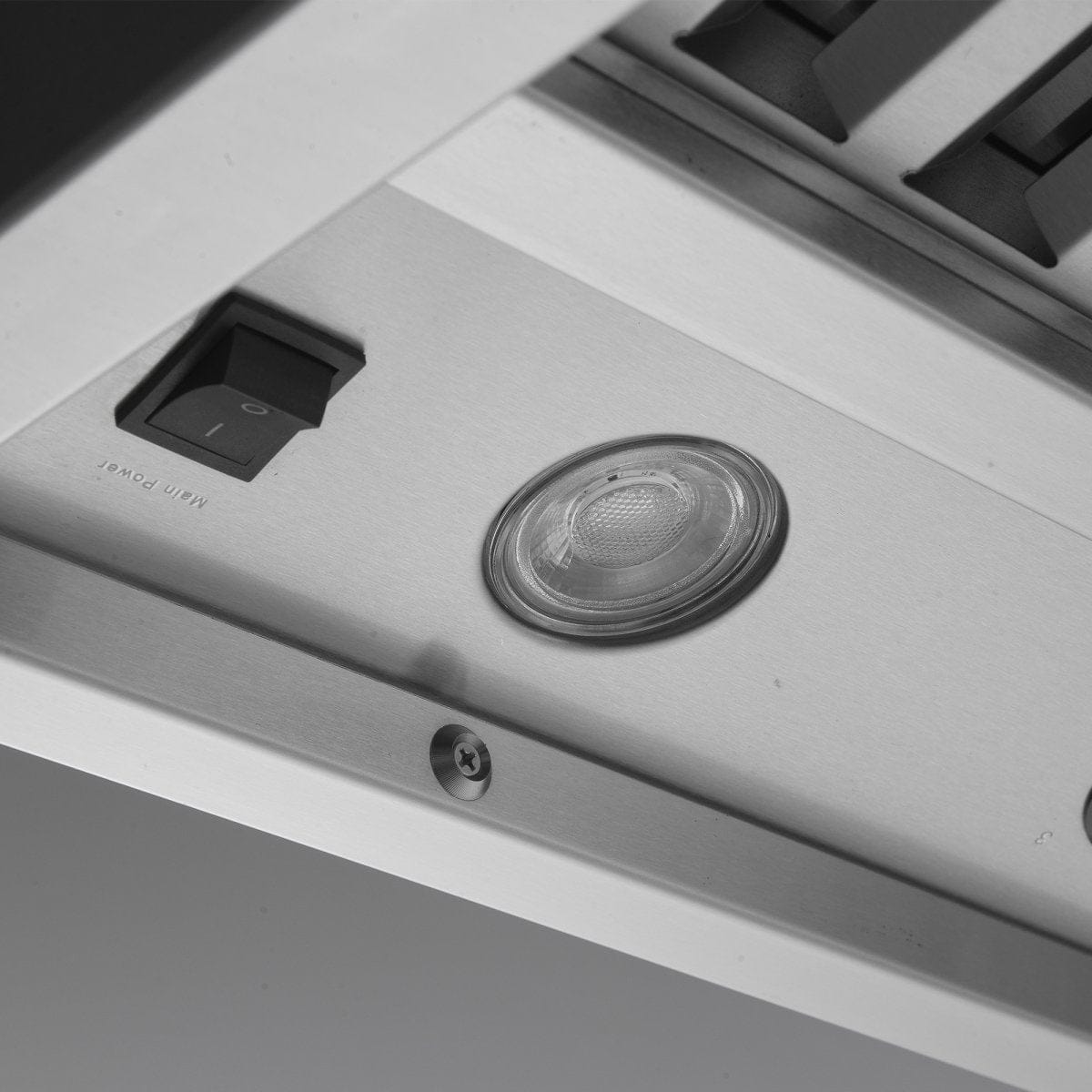 Close-up of the Island Range Hood by ProlineRangeHoods.com, crafted from 304 stainless steel, with powerful 1200 CFM.