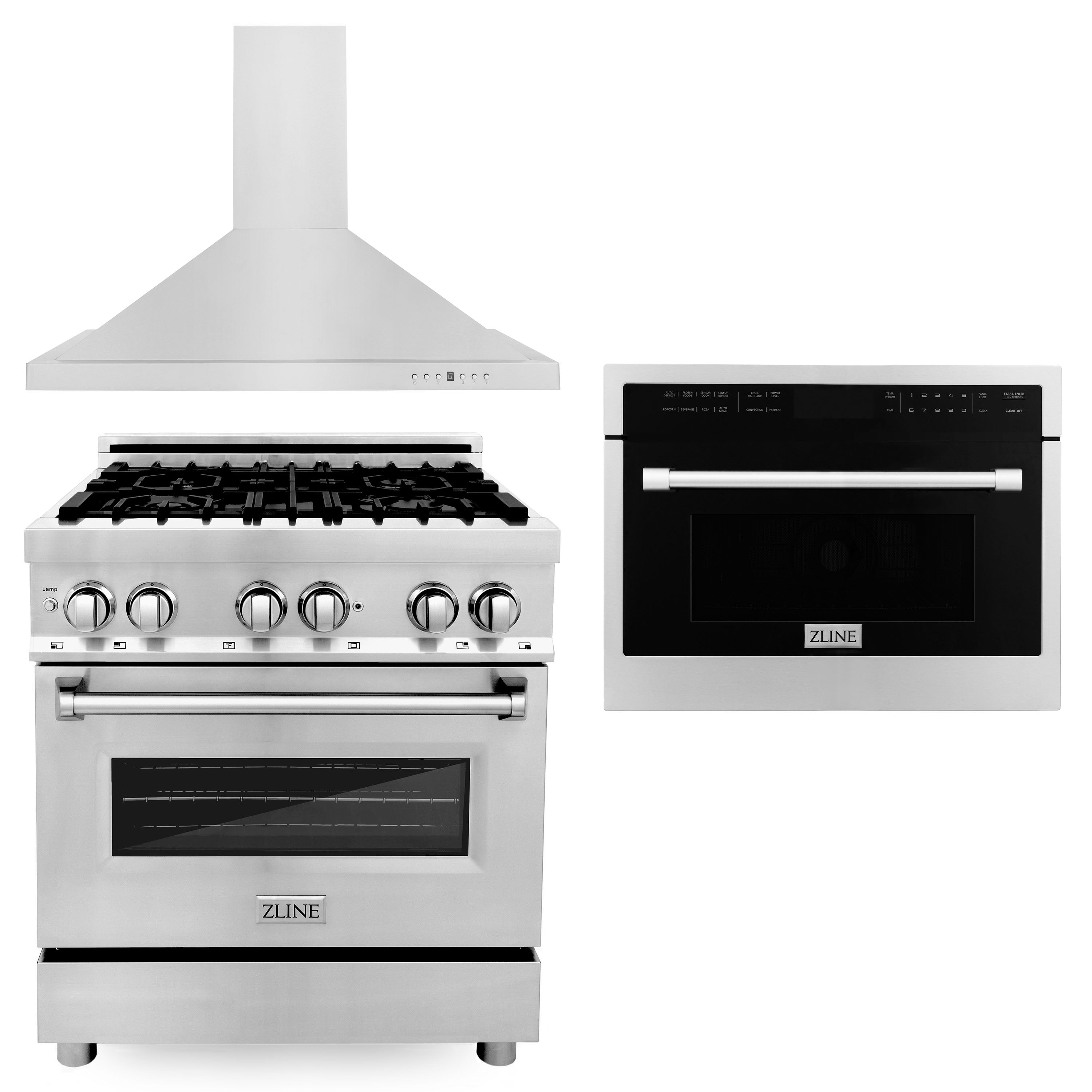 ZLINE 30" Kitchen Package with Stainless Steel Dual Fuel Range, Convertible Vent Range Hood and 24" Microwave Oven
