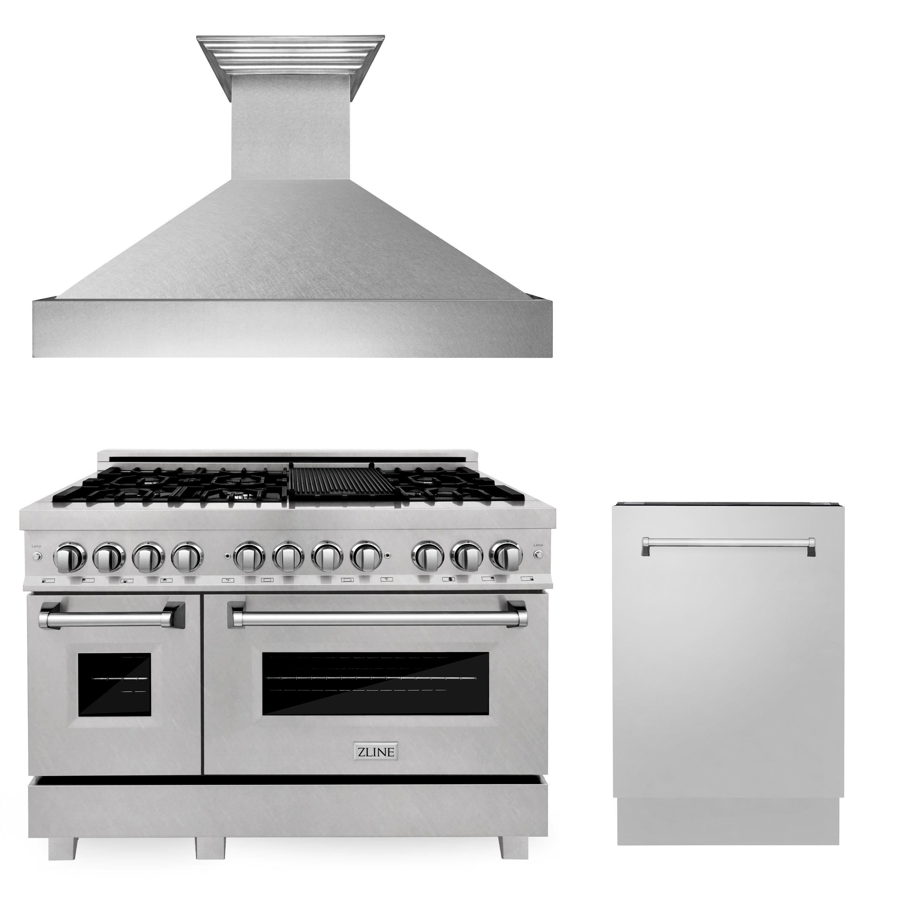 ZLINE 48" Kitchen Package with Fingerprint Resistant Stainless Dual Fuel Range, Ducted Vent Range Hood and Tall Tub Dishwasher