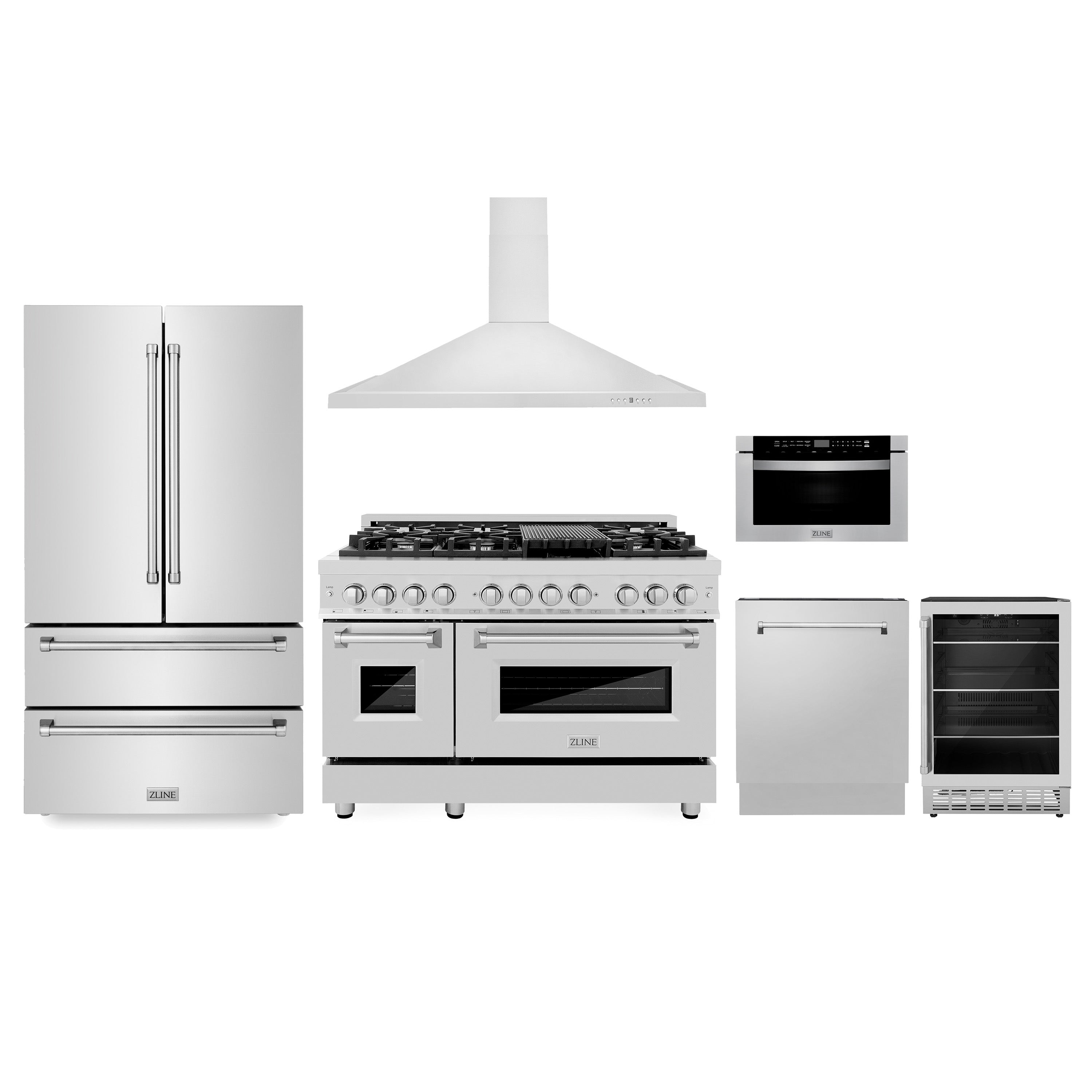 ZLINE Kitchen Package with Refrigeration, 48" Stainless Steel Dual Fuel Range, 36" Range Hood, Microwave Drawer, 24" Tall Tub Dishwasher and Beverage Fridge