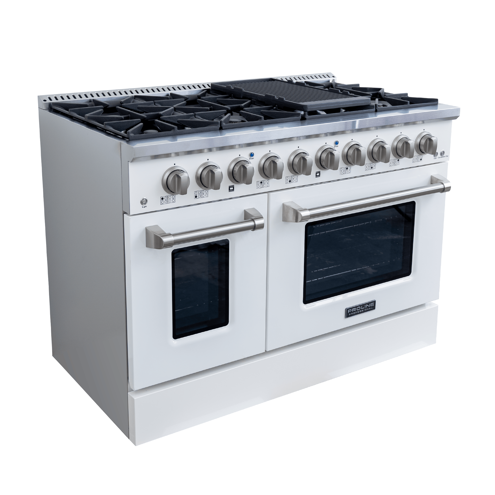 Proline Range Hoods PLSR 48GG, glossy white 48" range with 8 burners, dual ovens, griddle—viewed angled. ProlineRangeHoods.com.