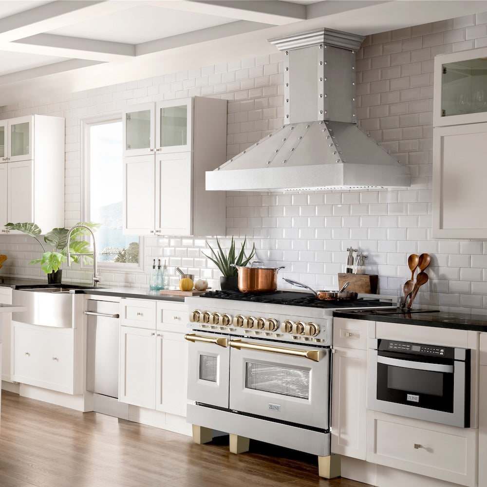 ZLINE Autograph Edition 48 in. 6.0 cu. ft. Legacy Dual Fuel Range with 7 Burner Gas Cooktop and 2 Electric Ovens in Stainless Steel and Champagne Bronze Accents (RAZ-48-CB)