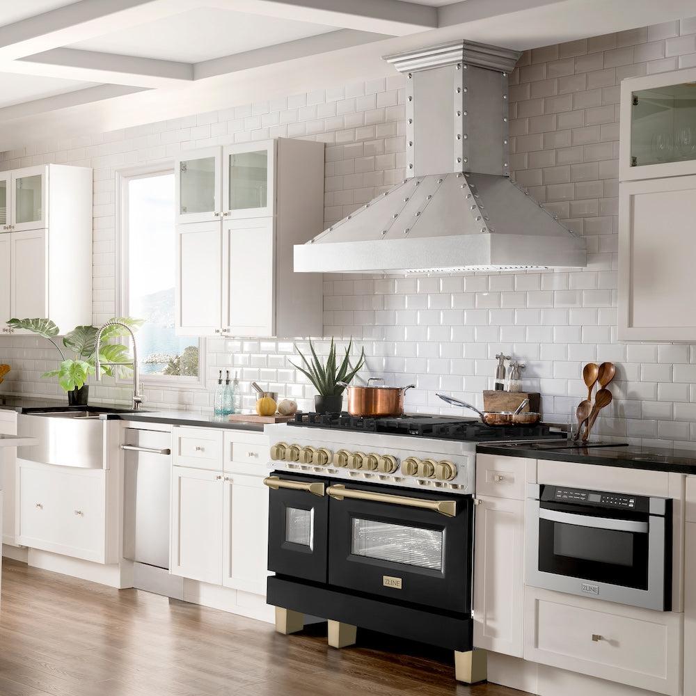 ZLINE Autograph Edition 48 in. 6.0 cu. ft. Legacy Dual Fuel Range with 7 Burner Gas Cooktop and 2 Electric Ovens in Stainless Steel and Champagne Bronze Accents (RAZ-48-CB)