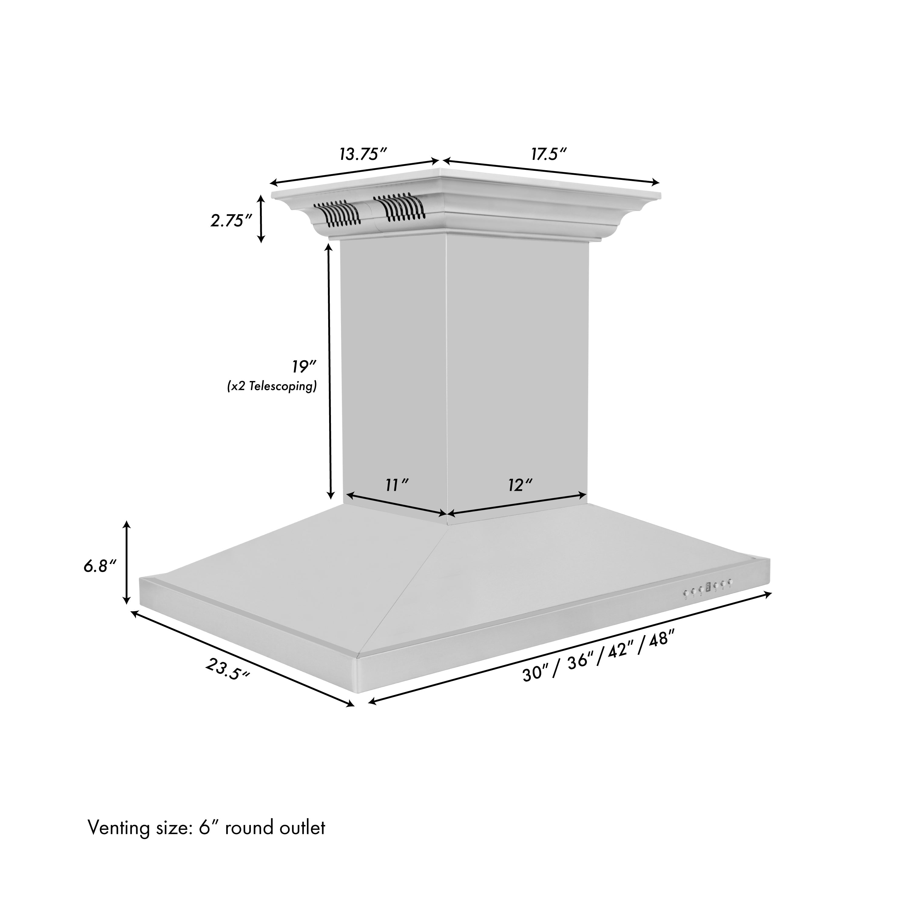 36" ZLINE CrownSoundâ¢Ducted Vent Island Mount Range Hood in Stainless Steel with Built-in Bluetooth Speakers (GL2iCRN-BT-36)