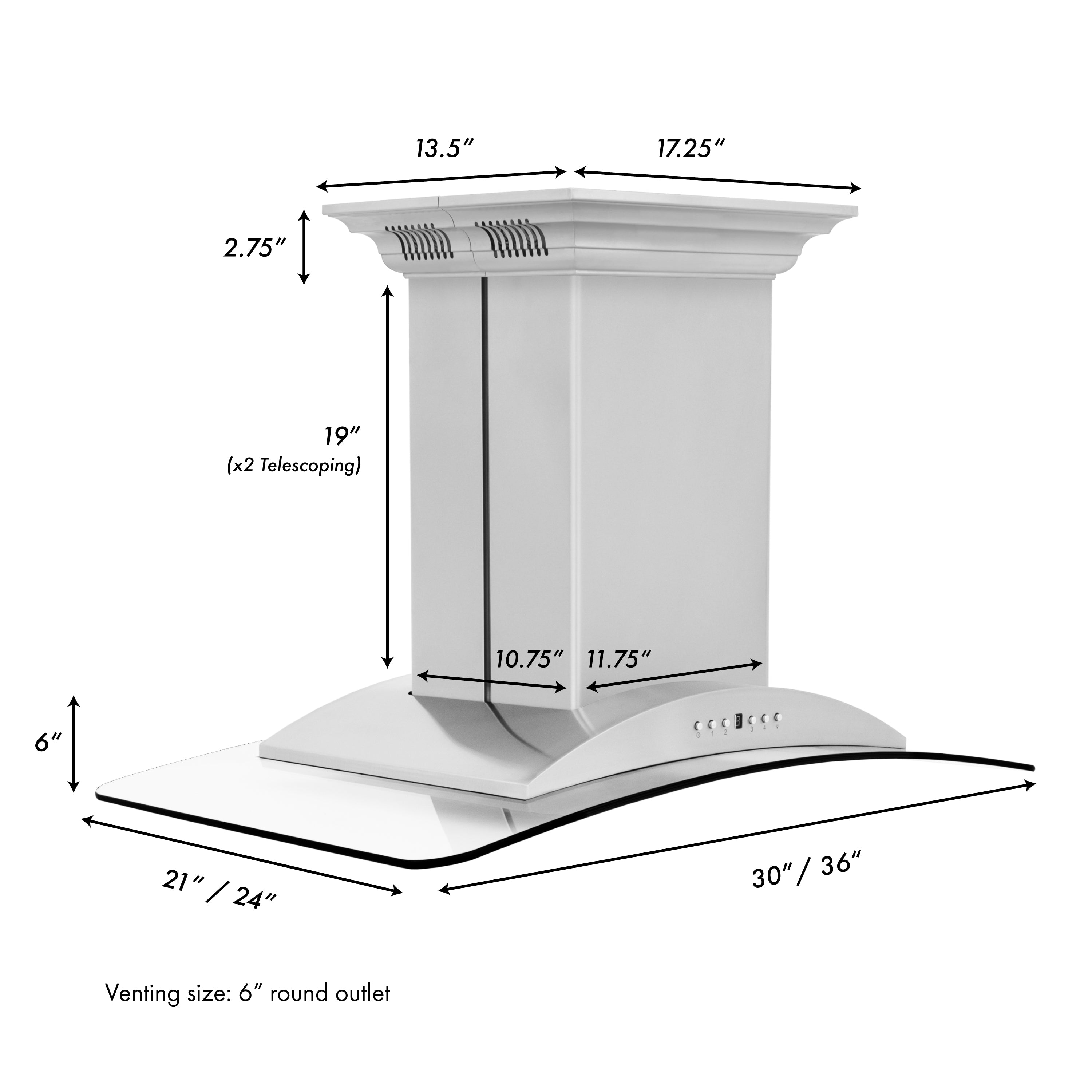 36" ZLINE CrownSoundâ¢Ducted Vent Island Mount Range Hood in Stainless Steel with Built-in Bluetooth Speakers (GL9iCRN-BT-36)