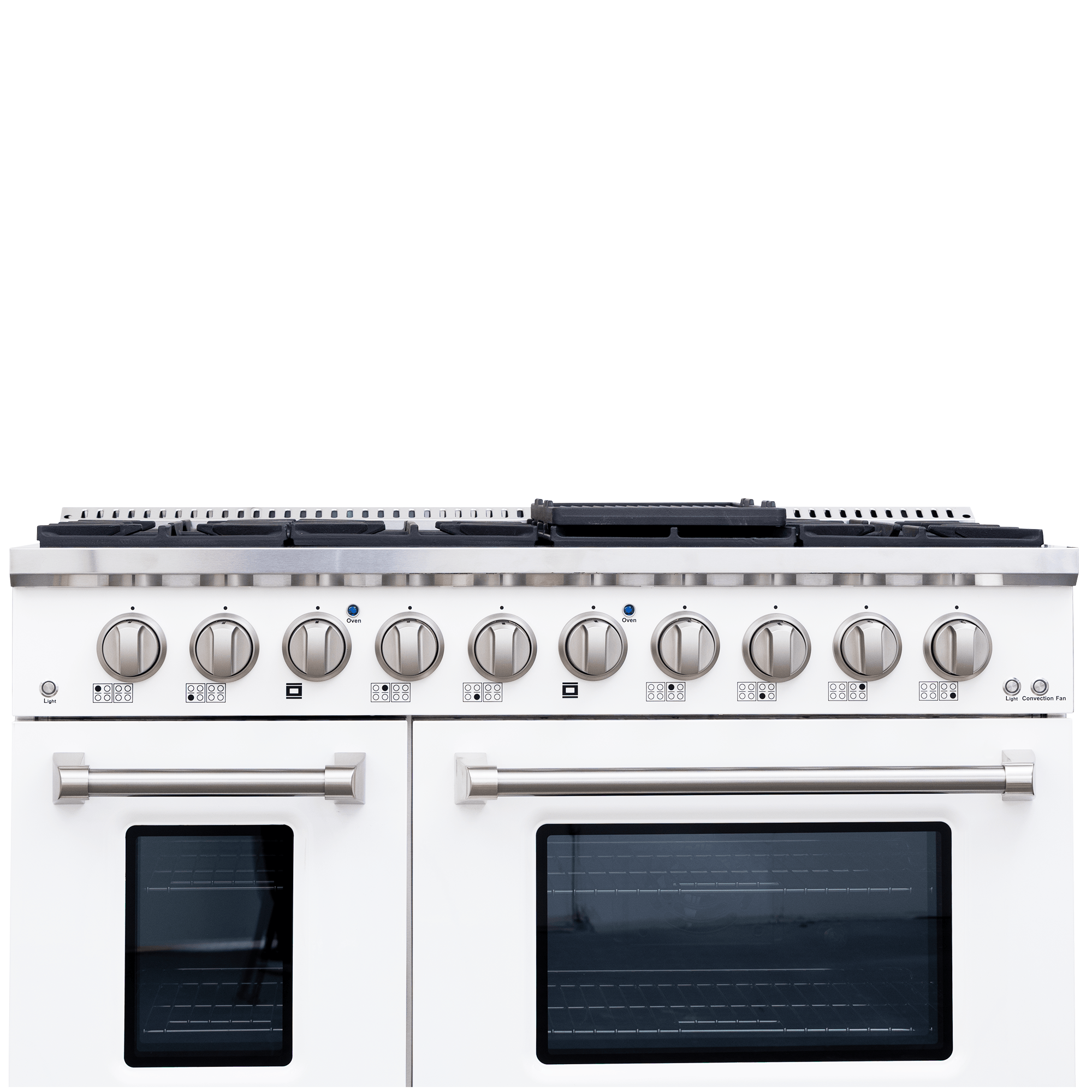 Proline PLSR 48GG gas range: 8 burners, dual ovens, griddle, white finish. Find at ProlineRangeHoods.com.