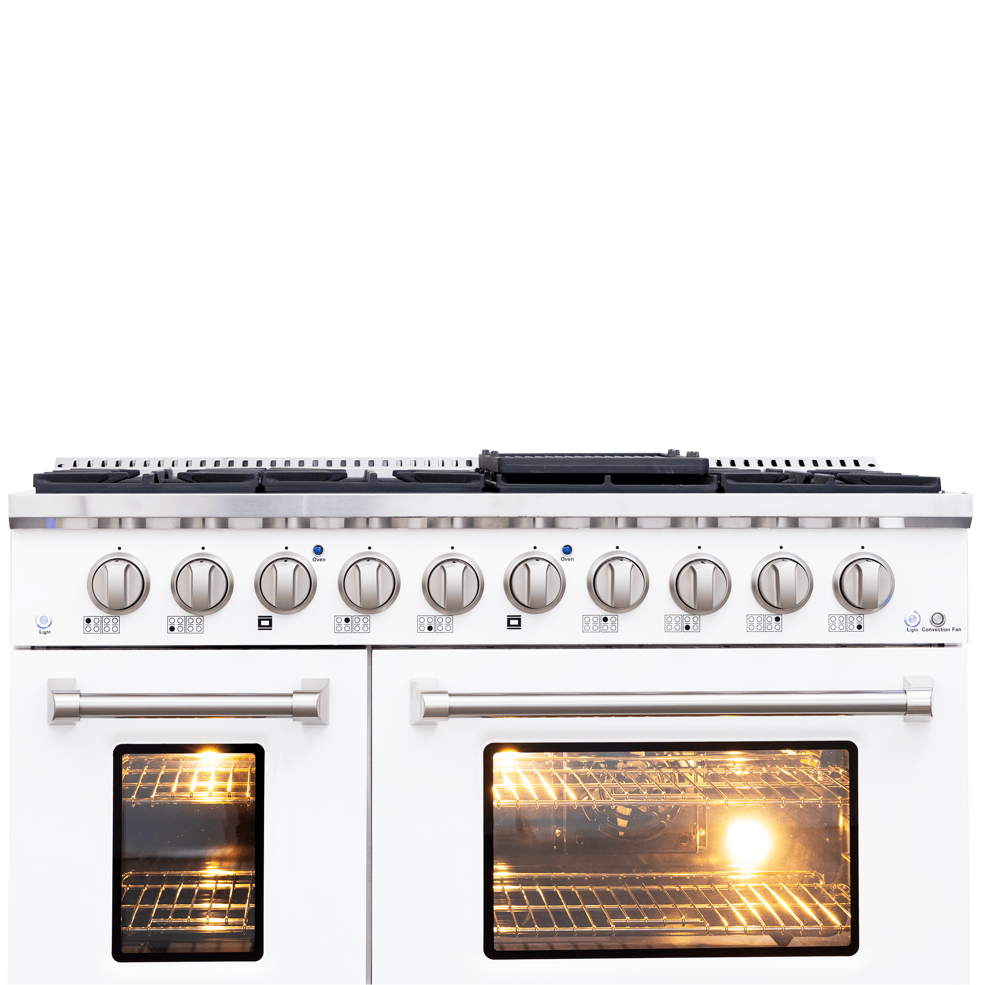 Proline PLSR 48GG 48” Gas Range in Glossy White with 8 burners, dual ovens, griddle. Front view. ProlineRangeHoods.com.
