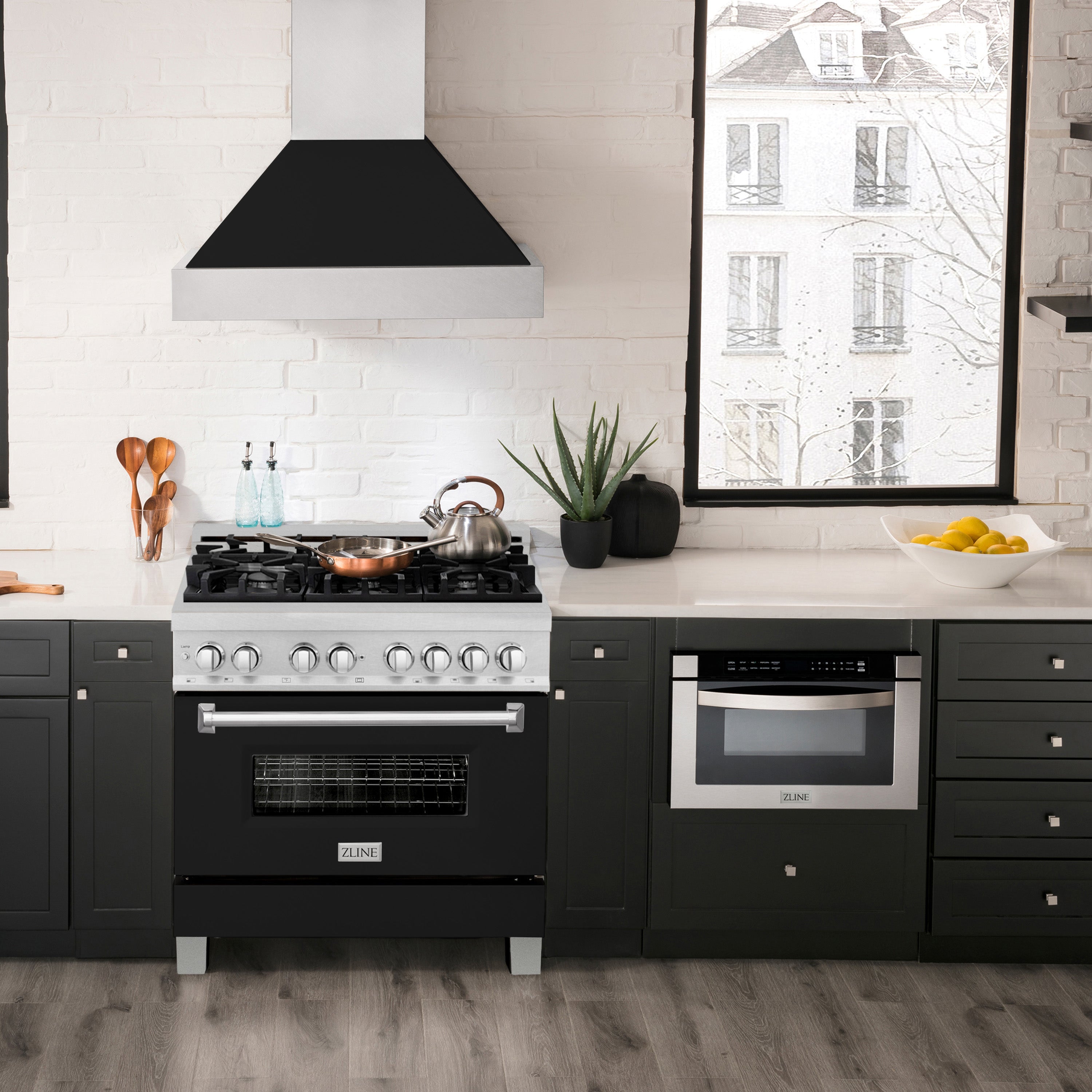 ZLINE 36 in. 4.6 cu. ft. Legacy Dual Fuel Range with 6 Burner Gas Cooktop and Electric Convection Oven in Satin Stainless Steel and Black Matte Door (RAS-BLM-36)