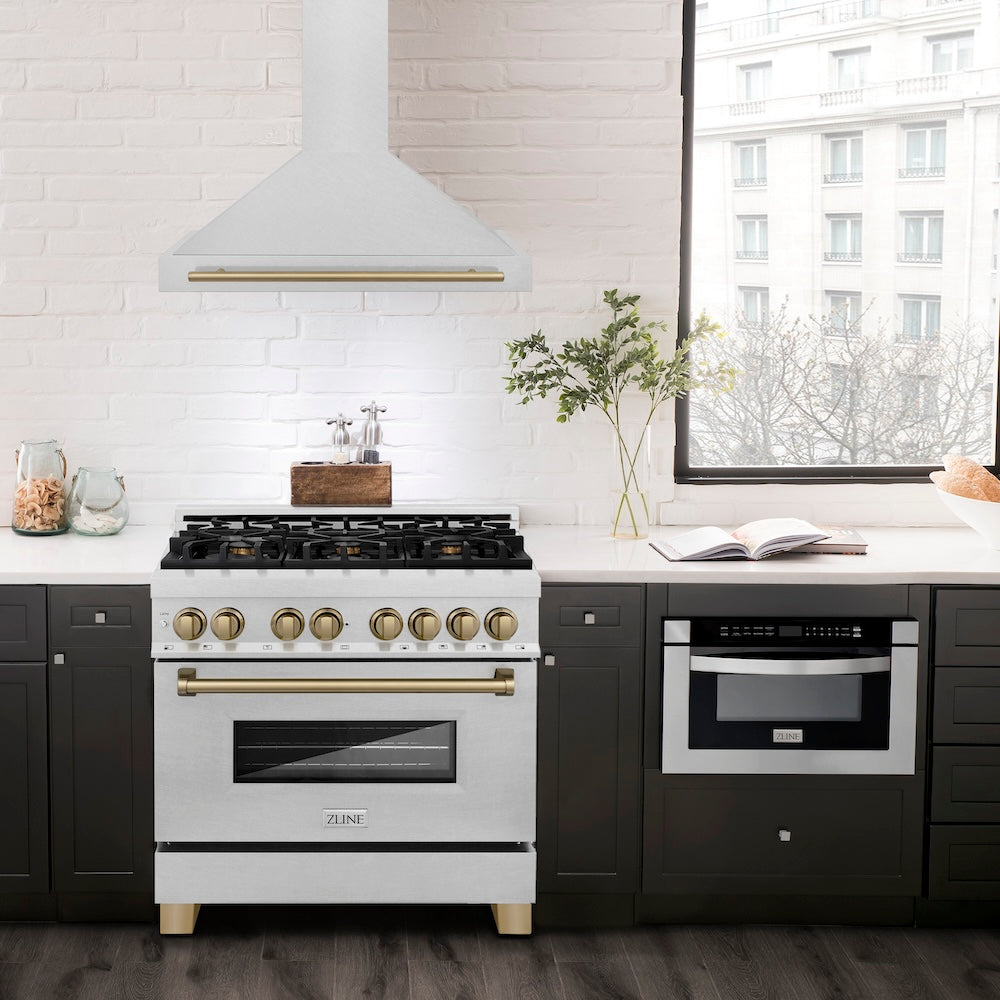 ZLINE 36 in. Autograph Edition Convertible Fingerprint Resistant Satin Stainless Steel Range Hood with Champagne Bronze Handle (KB4SNZ-36-CB)