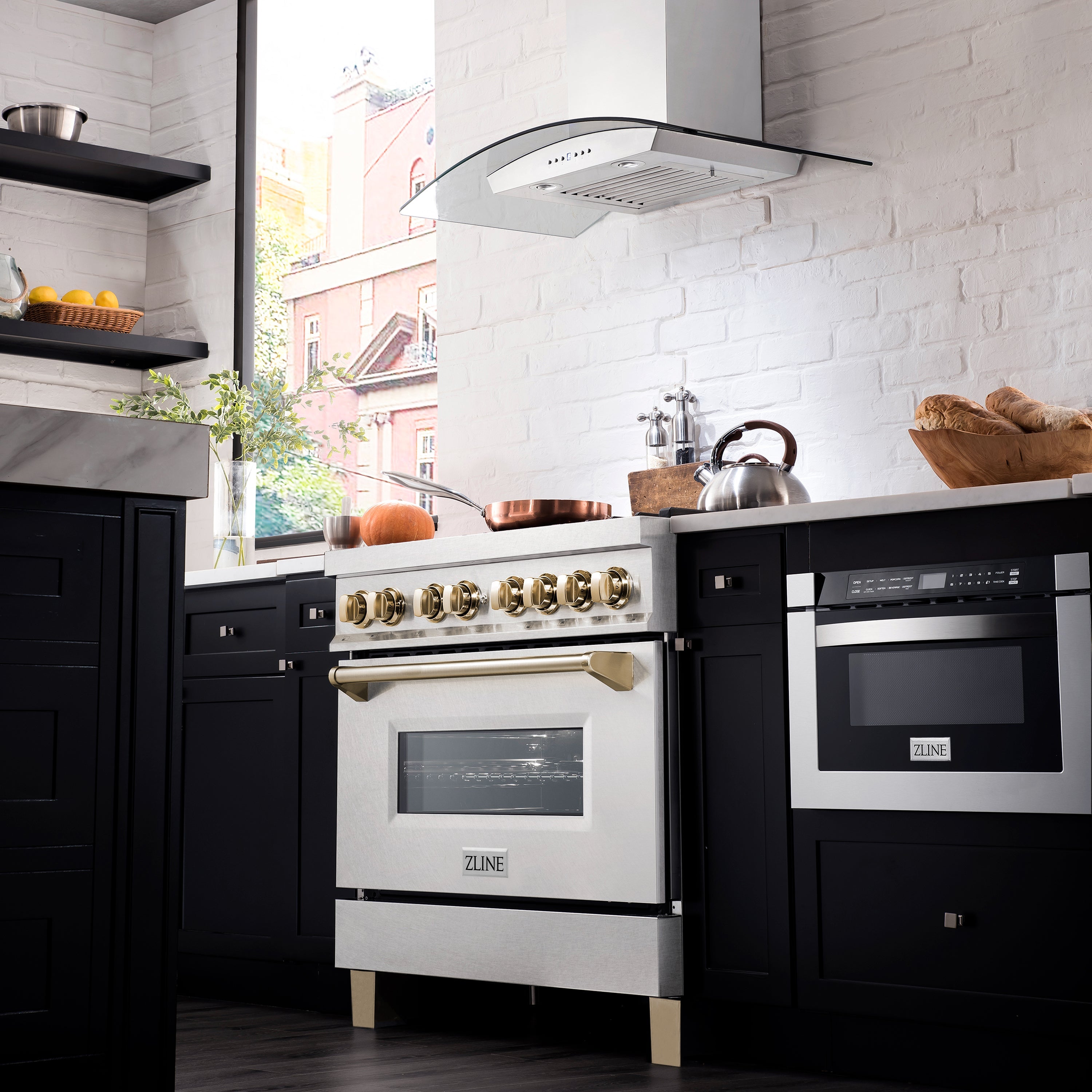 ZLINE Autograph Edition 36 in. 4.6 cu. ft. Legacy Dual Fuel Range with 6 Burner Gas Cooktop and Electric Convection Oven in Satin Stainless Steel and Polished Gold Accents (RASZ-SN-36-G)