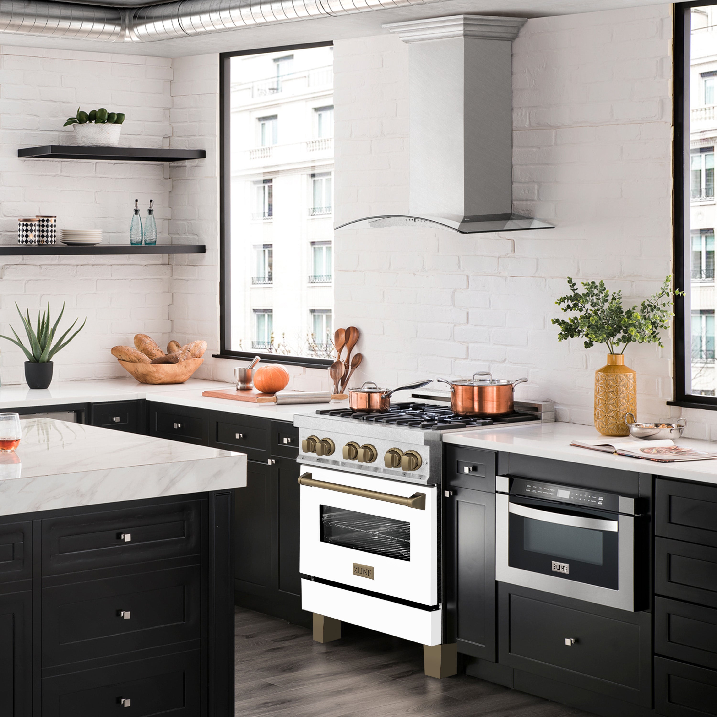 ZLINE Autograph Edition 30 in. 4.0 cu. ft. Legacy Dual Fuel Range with 4 Burner Gas Cooktop and Electric Convection Oven in Satin Stainless Steel with White Matte Door and Champagne Bronze Accents (RASZ-WM-30-CB)