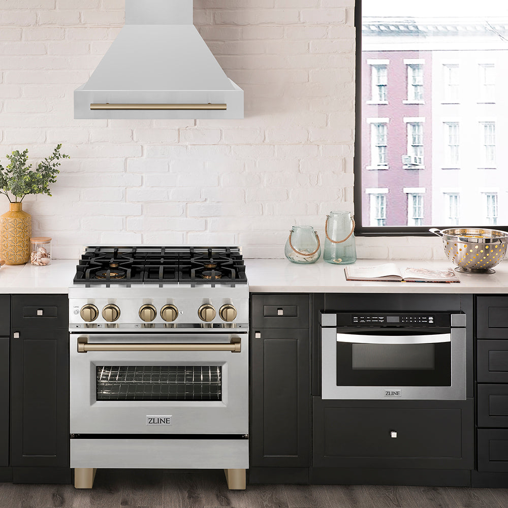 ZLINE Autograph Edition 30 in. 4.0 cu. ft. Legacy Dual Fuel Range with 4 Burner Gas Cooktop and Electric Convection Oven in Stainless Steel and Champagne Bronze Accents (RAZ-30-CB)