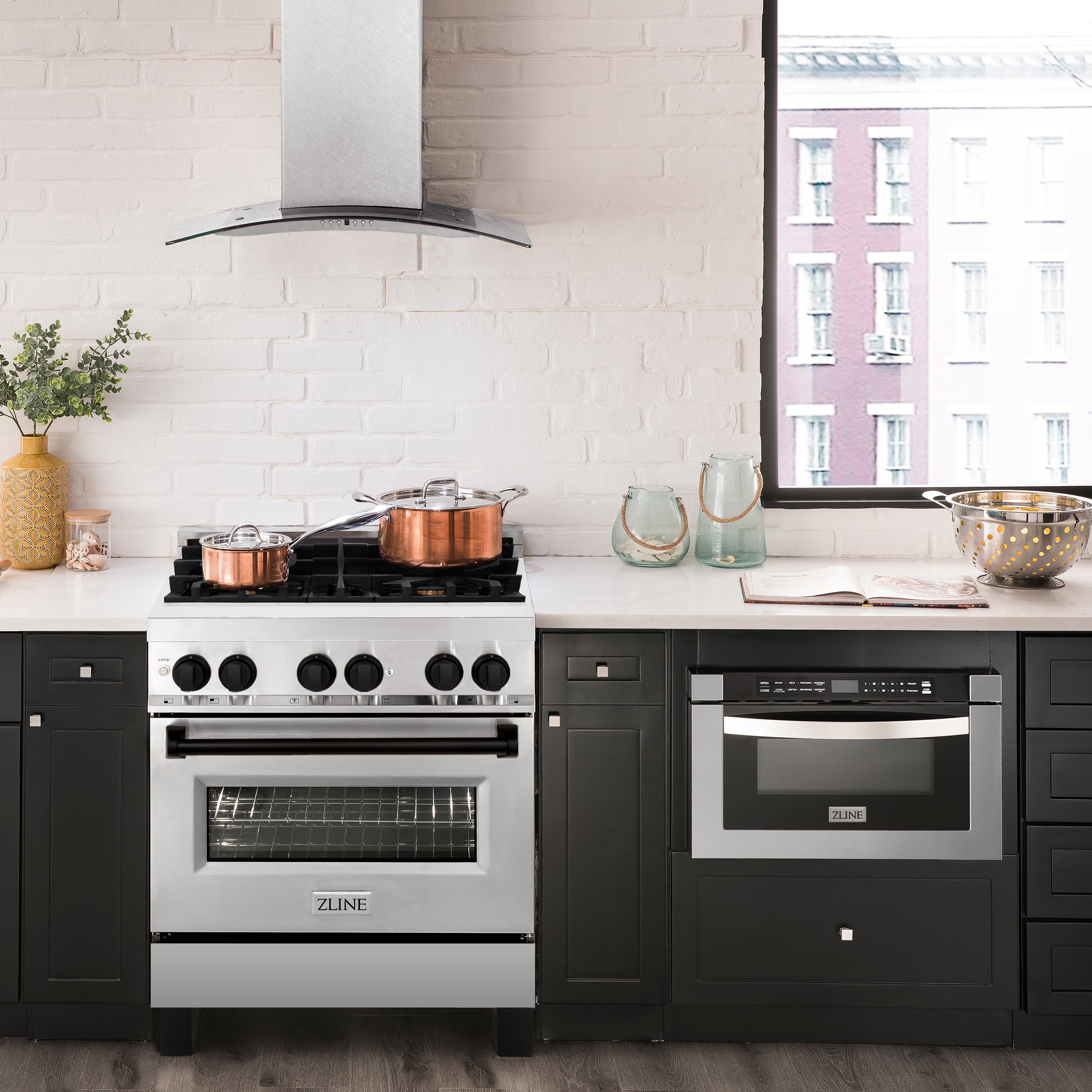 ZLINE Autograph Edition 30 in. 4.0 cu. ft. Legacy Dual Fuel Range with 4 Burner Gas Cooktop and Electric Convection Oven in Stainless Steel and Champagne Bronze Accents (RAZ-30-CB)