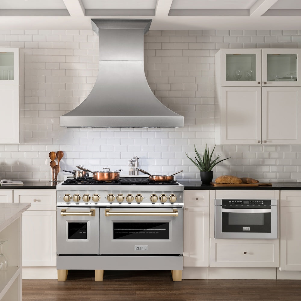 ZLINE Autograph Edition 48 in. 6.0 cu. ft. Legacy Dual Fuel Range with 7 Burner Gas Cooktop and 2 Electric Ovens in Stainless Steel and Champagne Bronze Accents (RAZ-48-CB)