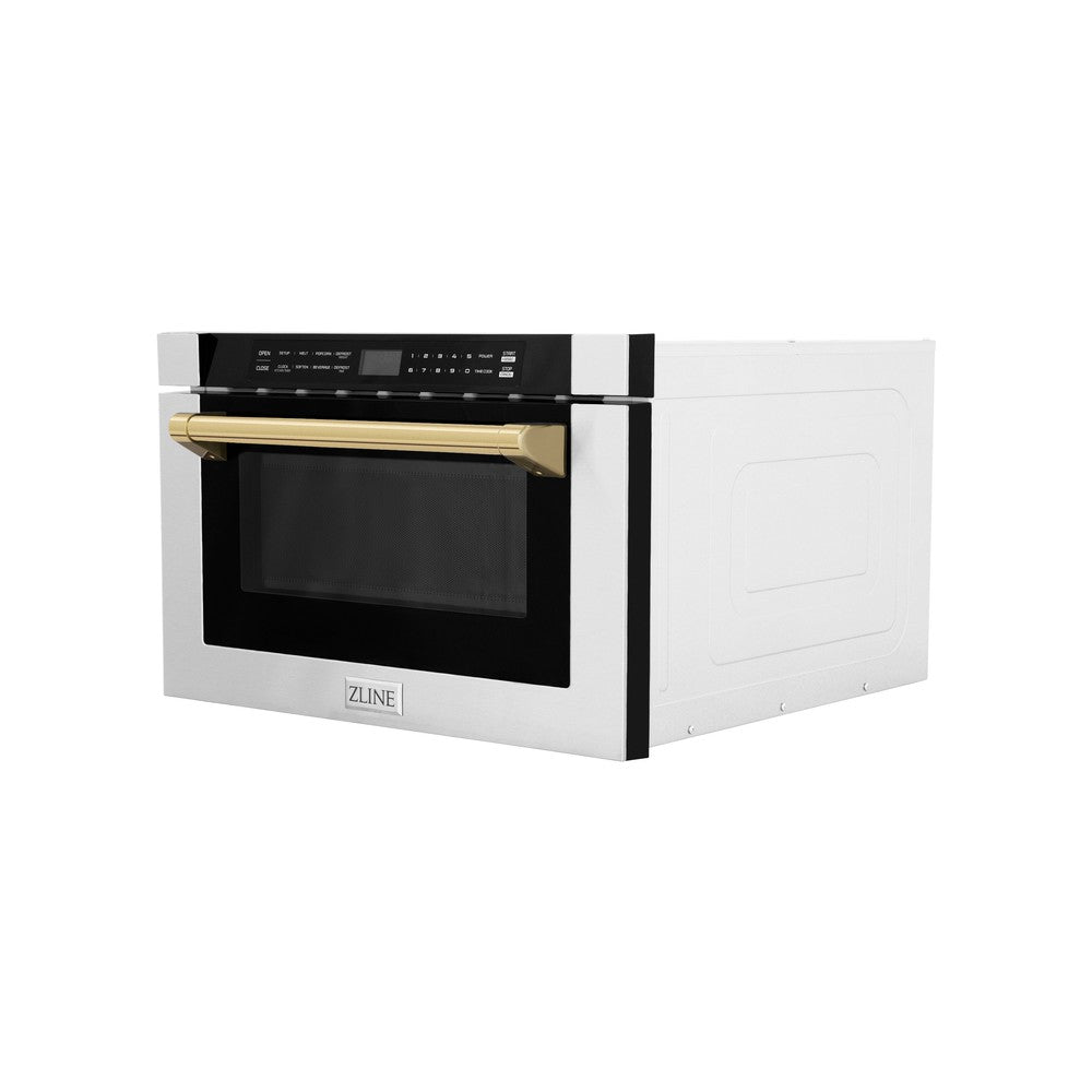ZLINE Autograph Edition 24" 1.2 cu. ft. Built-in Microwave Drawer with a Traditional Handle in Stainless Steel and Polished Gold Accents