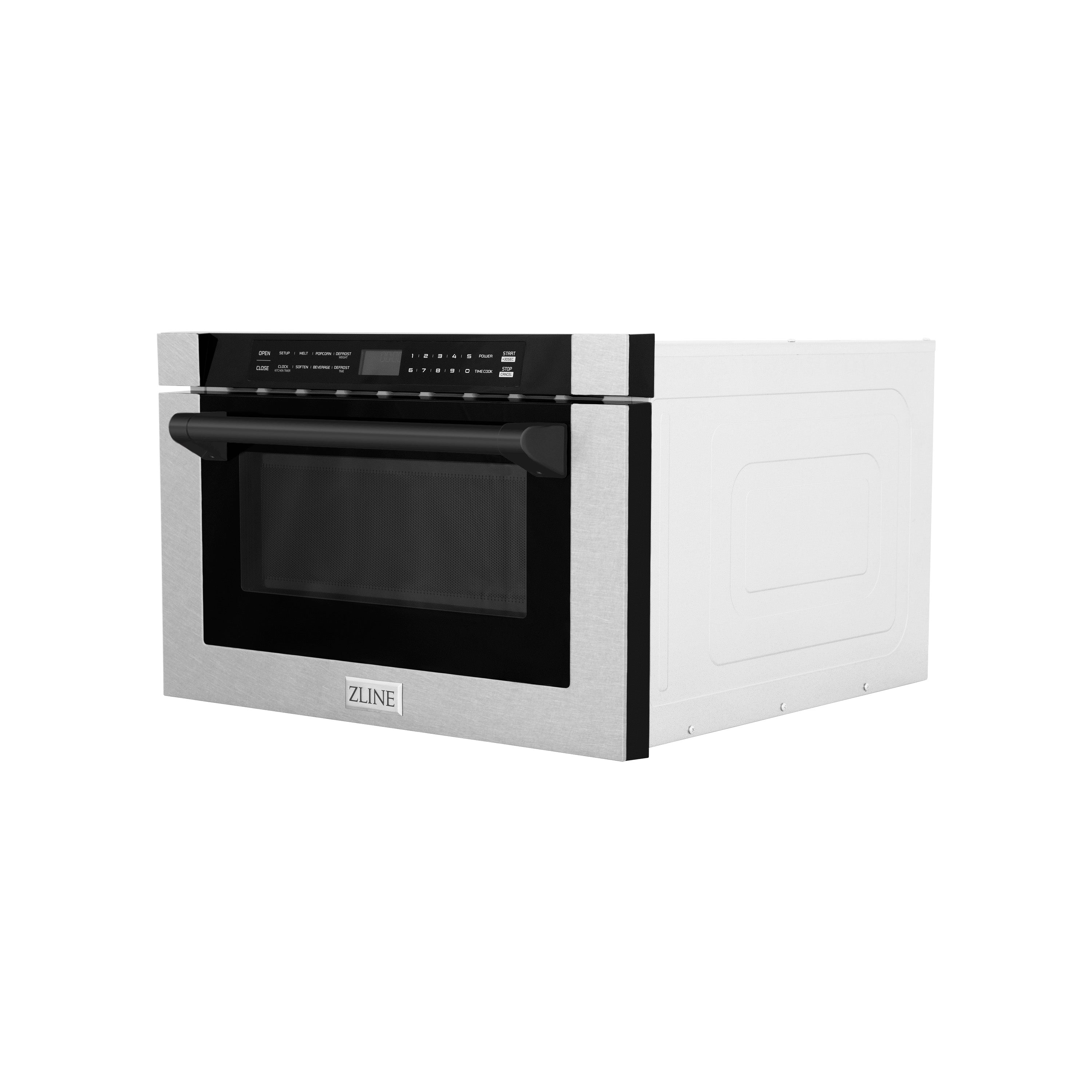 ZLINE Autograph Edition 24" 1.2 cu. ft. Built-in Microwave Drawer with a Traditional Handle in Fingerprint Resistant Stainless Steel and Matte Black Accents