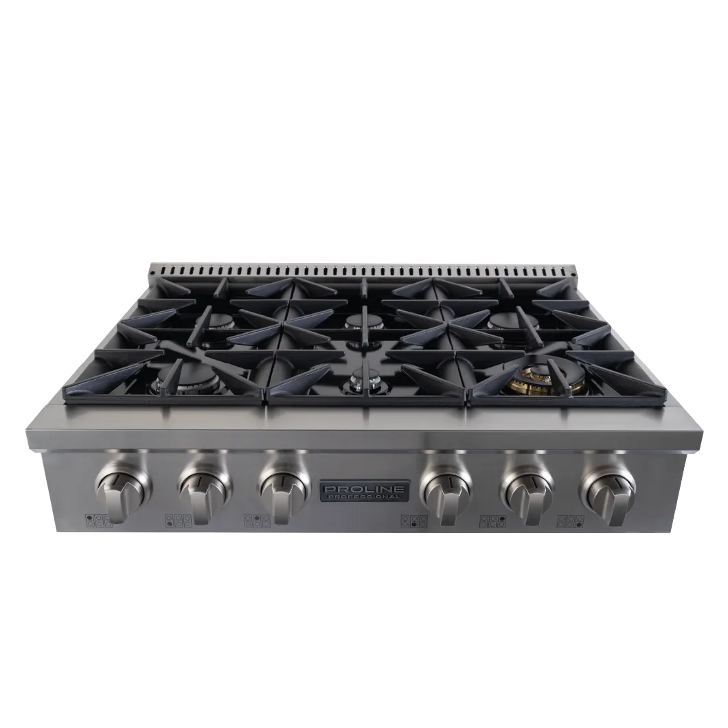 The Proline PLSR Gas Range by ProlineRangeHoods.com boasts an elegant stainless steel finish with five control knobs and six 15,000 BTU burners.