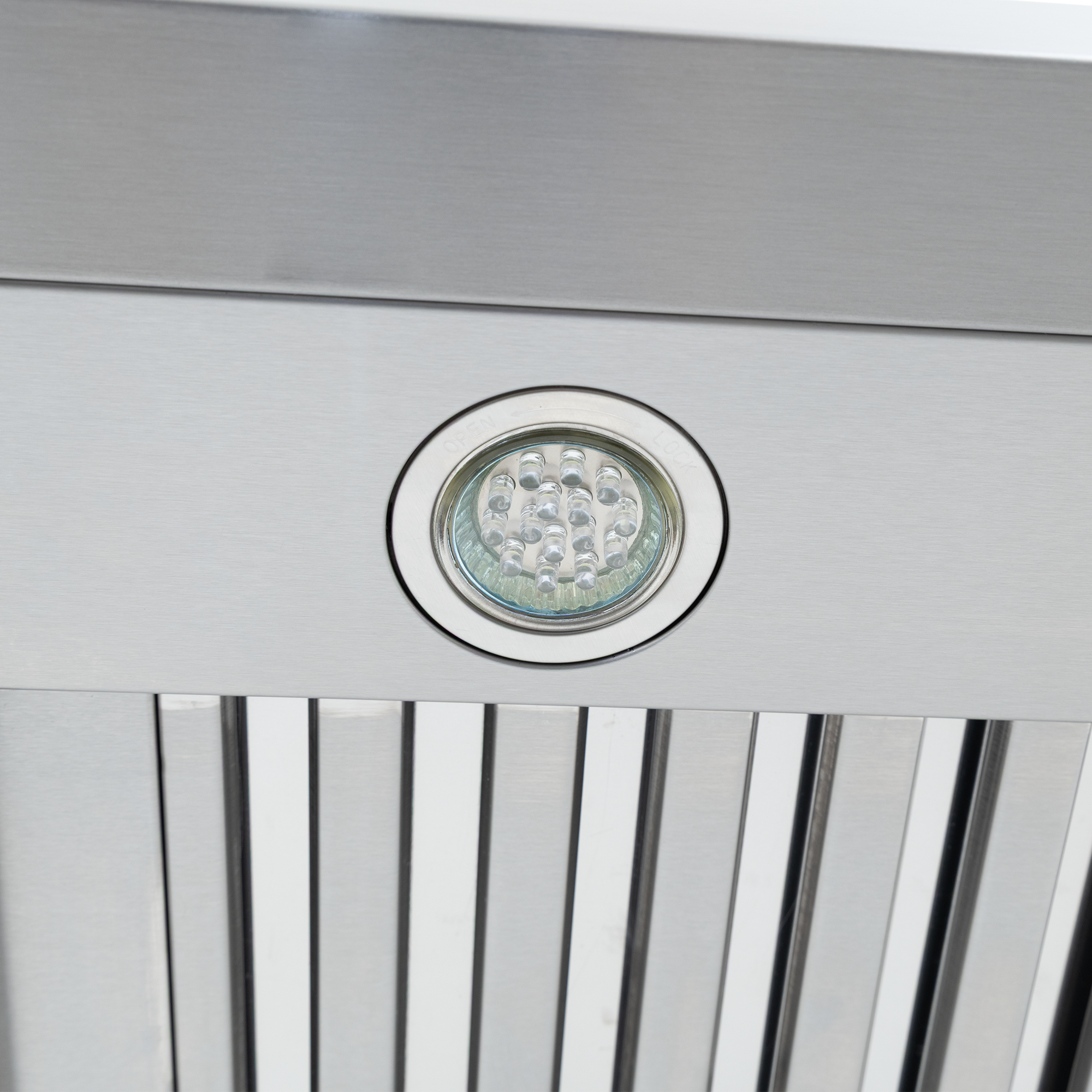 LED light in the Proline King Air Dream Home range hood with stainless finish, 550/1200 CFM by ProlineRangeHoods.com.