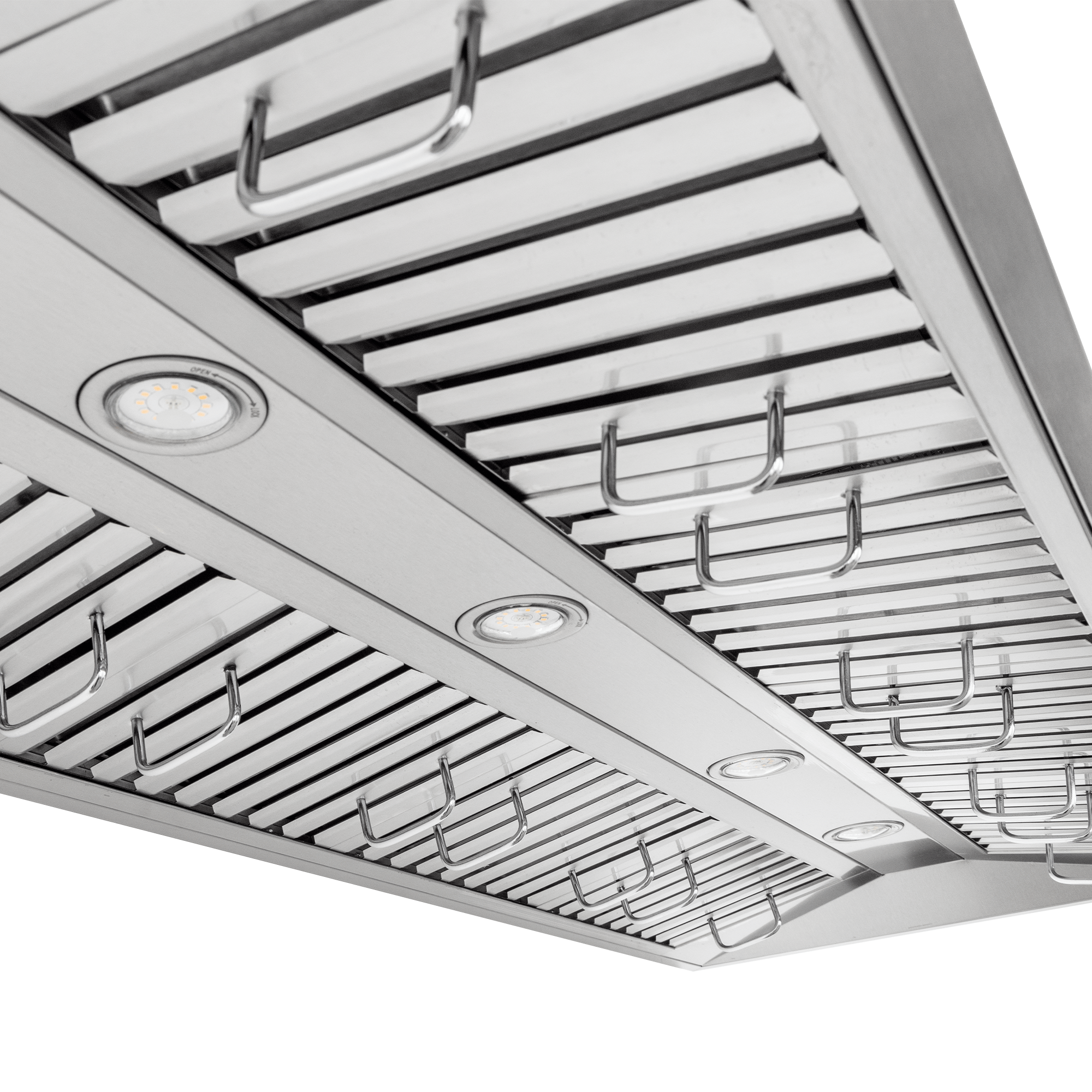 Close-up of Proline PLFW 755 ducted, wall-mounted stainless steel range hood; see ProlineRangeHoods.com for details.