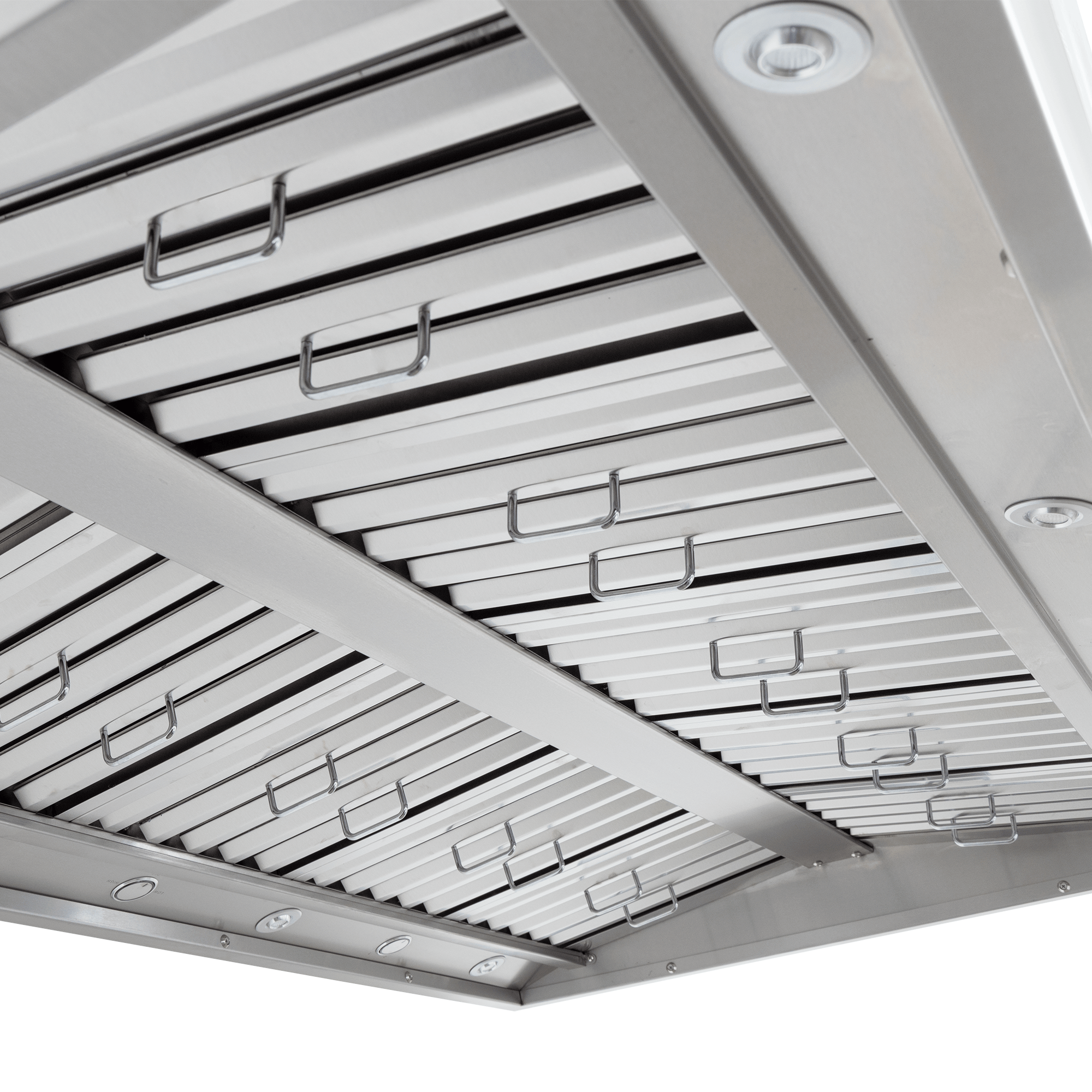 Close-up of the Proline PLGI BBQ Pro Island Range Hood, 2000 CFM, 304 stainless steel. ProlineRangeHoods.com.
