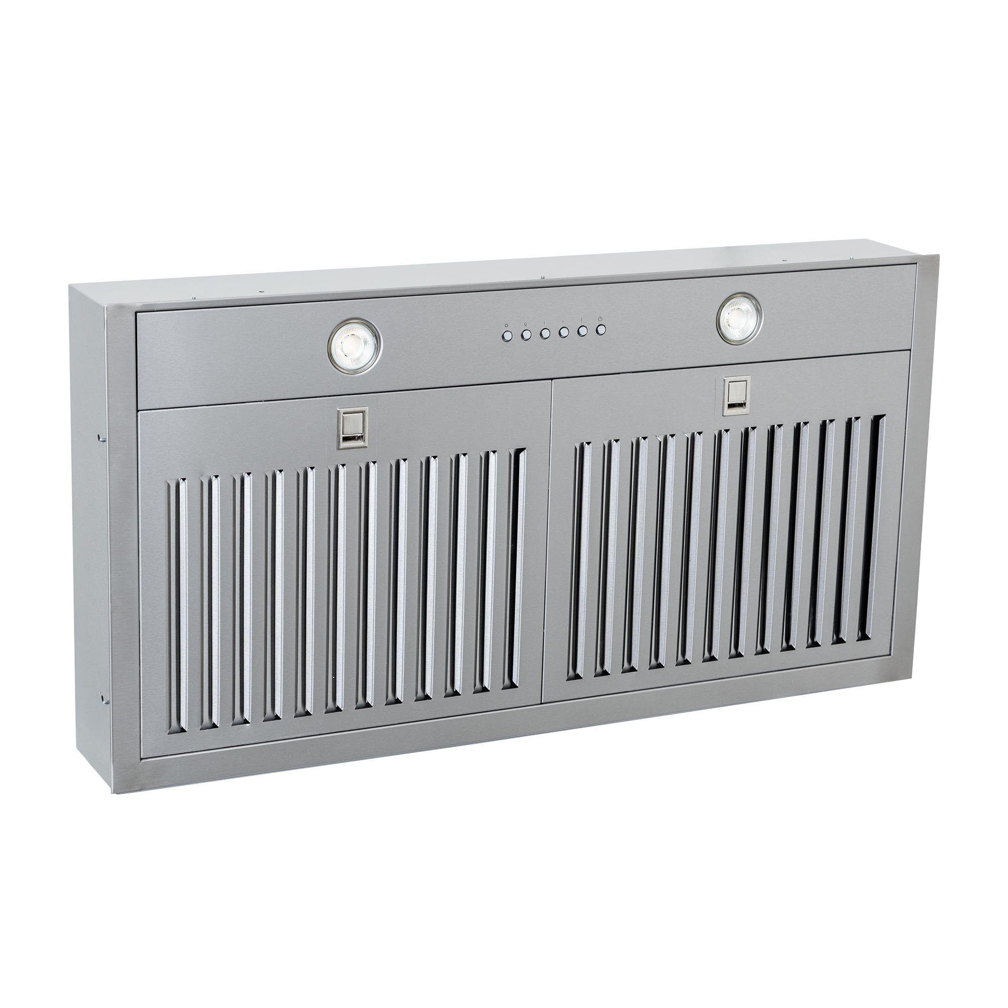 Proline PLGL 185 Insert Slim Range Hood, 600 CFM, 28"/34", dual blowers, dishwasher-safe filters. ProlineRangeHoods.com.