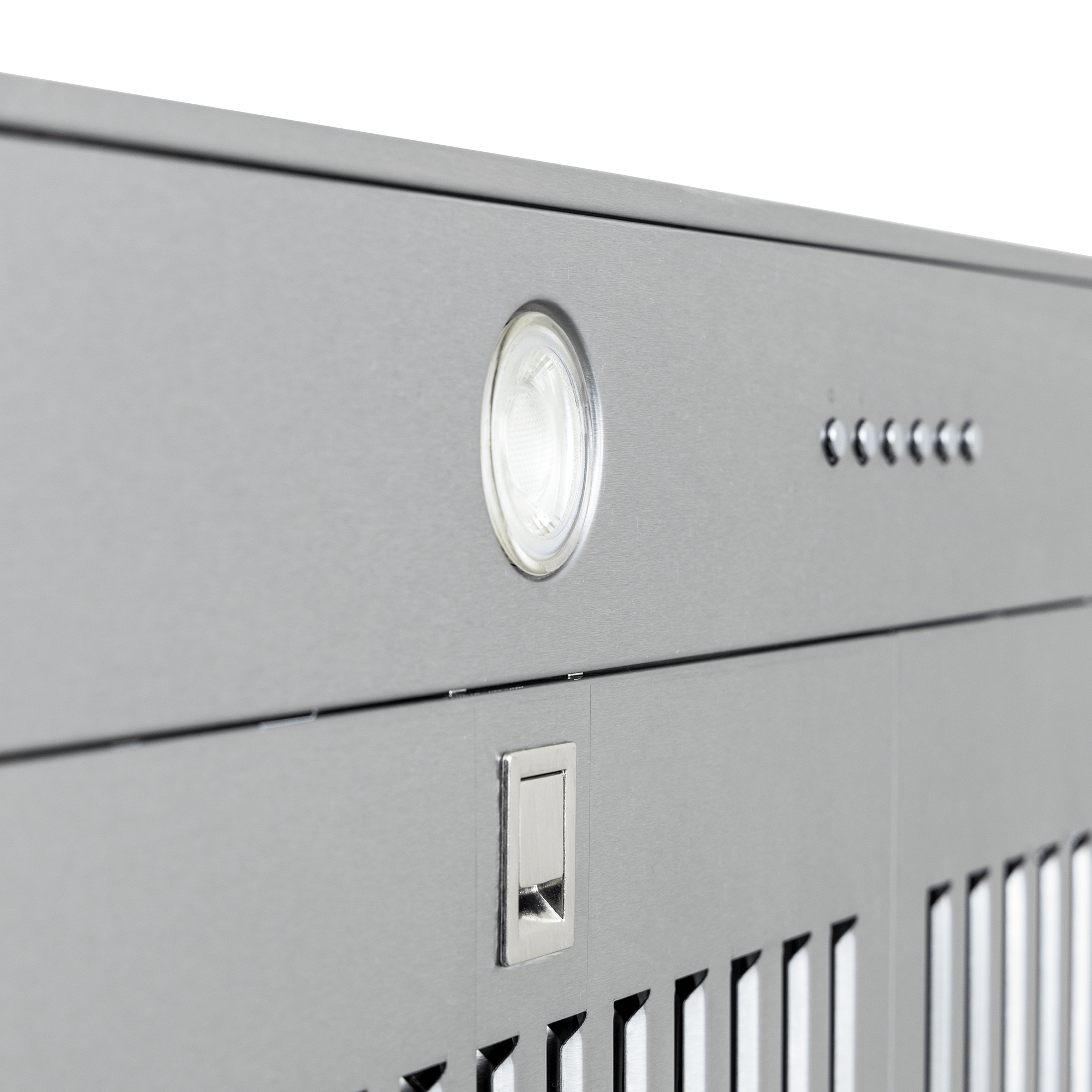 Close-up of Proline PLGL 185 Slim Range Hood in gray stainless steel, round light, buttons, lock. ProlineRangeHoods.com.