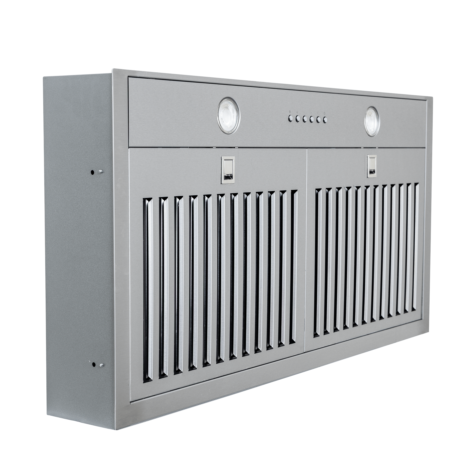 ProlineRangeHoods.com PLGL 185 Slim Range Hood, 600 CFM, 28" or 34", dishwasher-safe filters, buttons, lights, angled view.