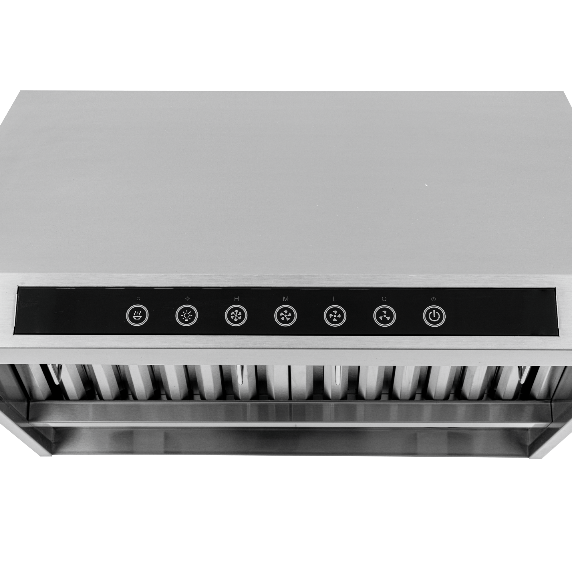 The Proline PLJW 102 Range Hood has stainless steel, 7-touch black panel, vented filters, 1000 CFM. ProlineRangeHoods.com.