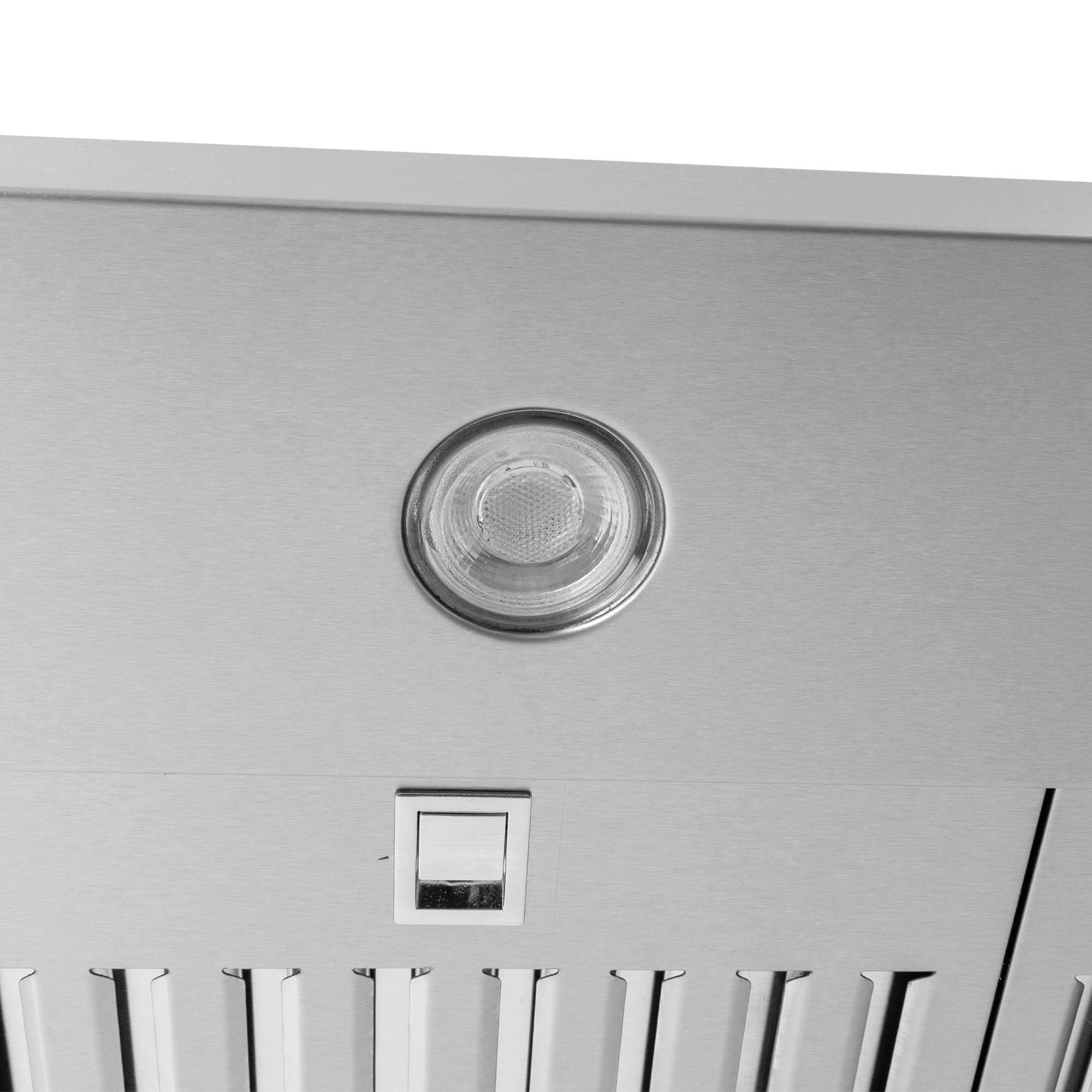 Close-up of Proline Range Hoods ductless stainless steel range hood, 600 CFM, at ProlineRangeHoods.com.
