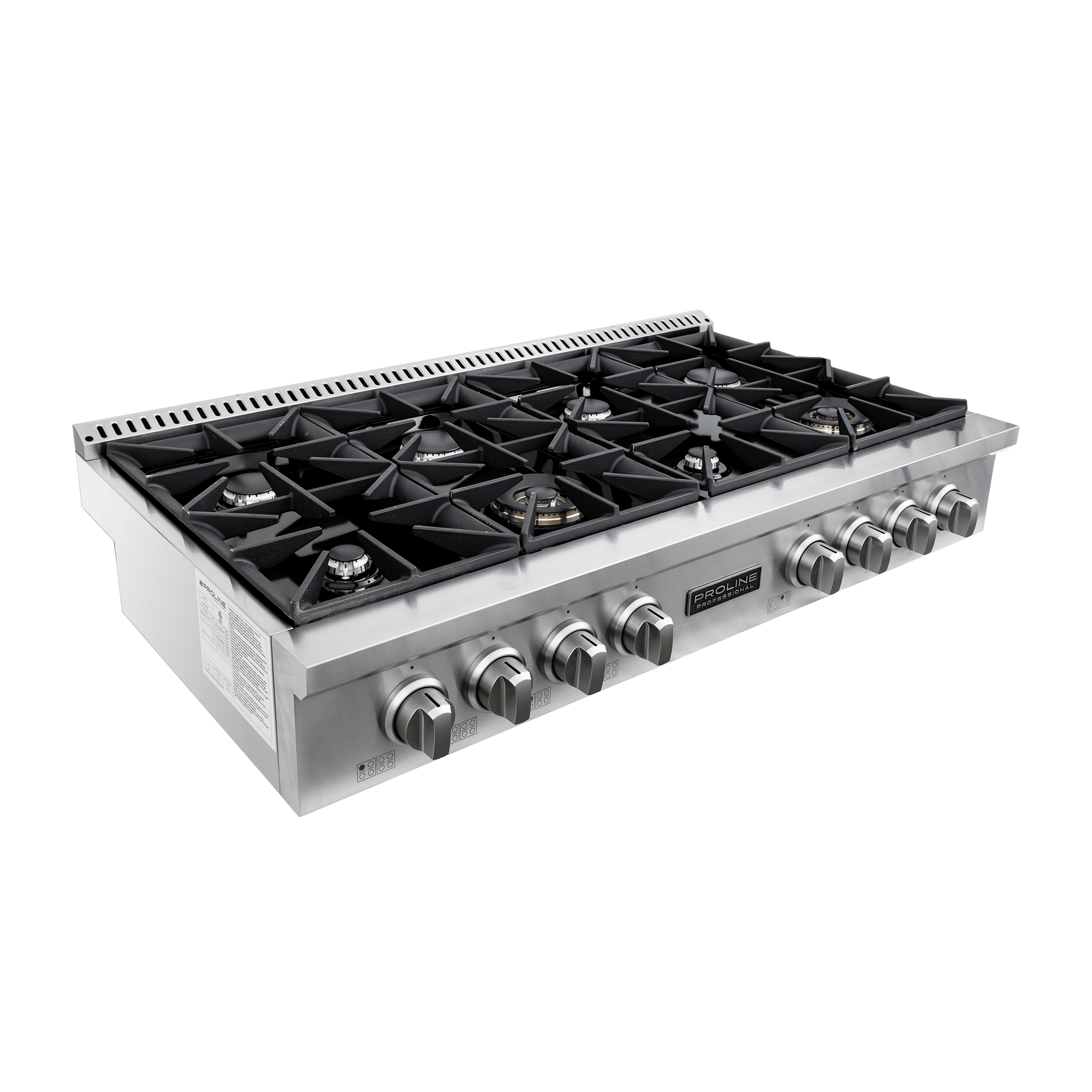 The Proline PLST 48" Gas Rangetop from ProlineRangeHoods.com has 6 burners, control knobs, and cast iron grates.