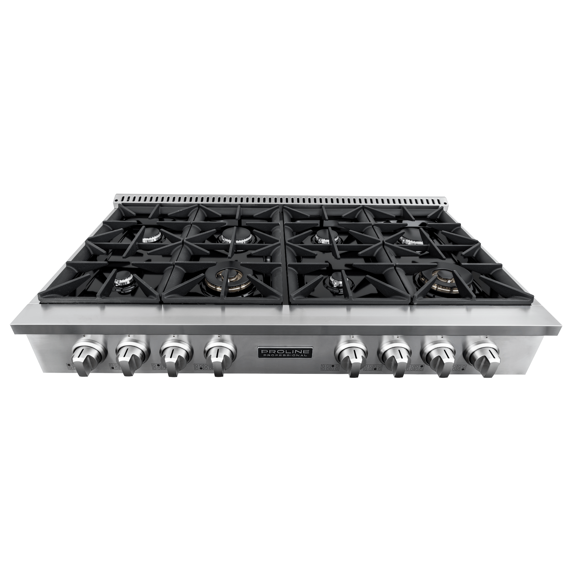 The Proline PLST 48" Gas Rangetop by Proline Range Hoods, six burners, stainless front view. ProlineRangeHoods.com.