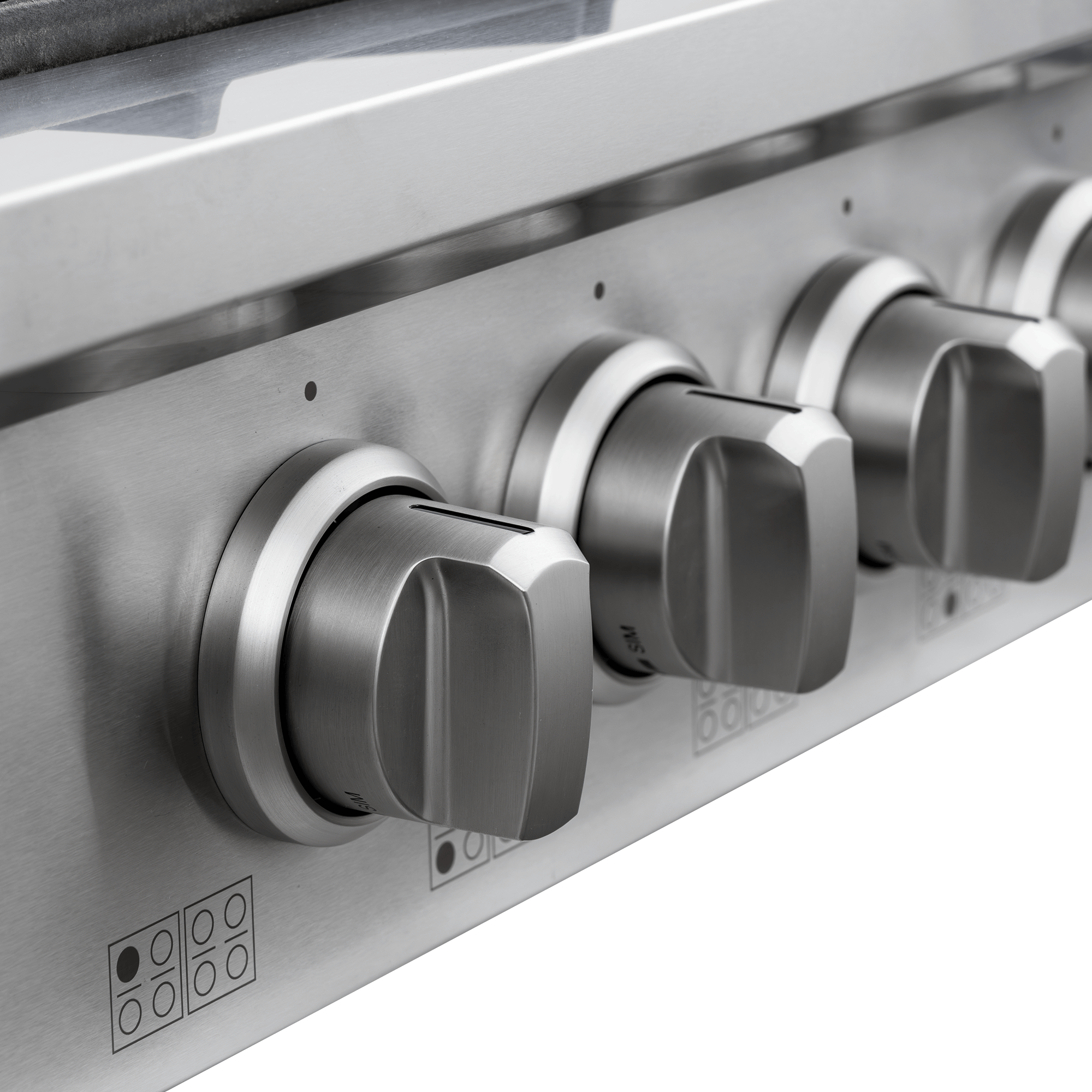 Close-up of four stainless steel knobs on Proline PLST 48" Gas Rangetop by ProlineRangeHoods.com, sleek cooktop visible.