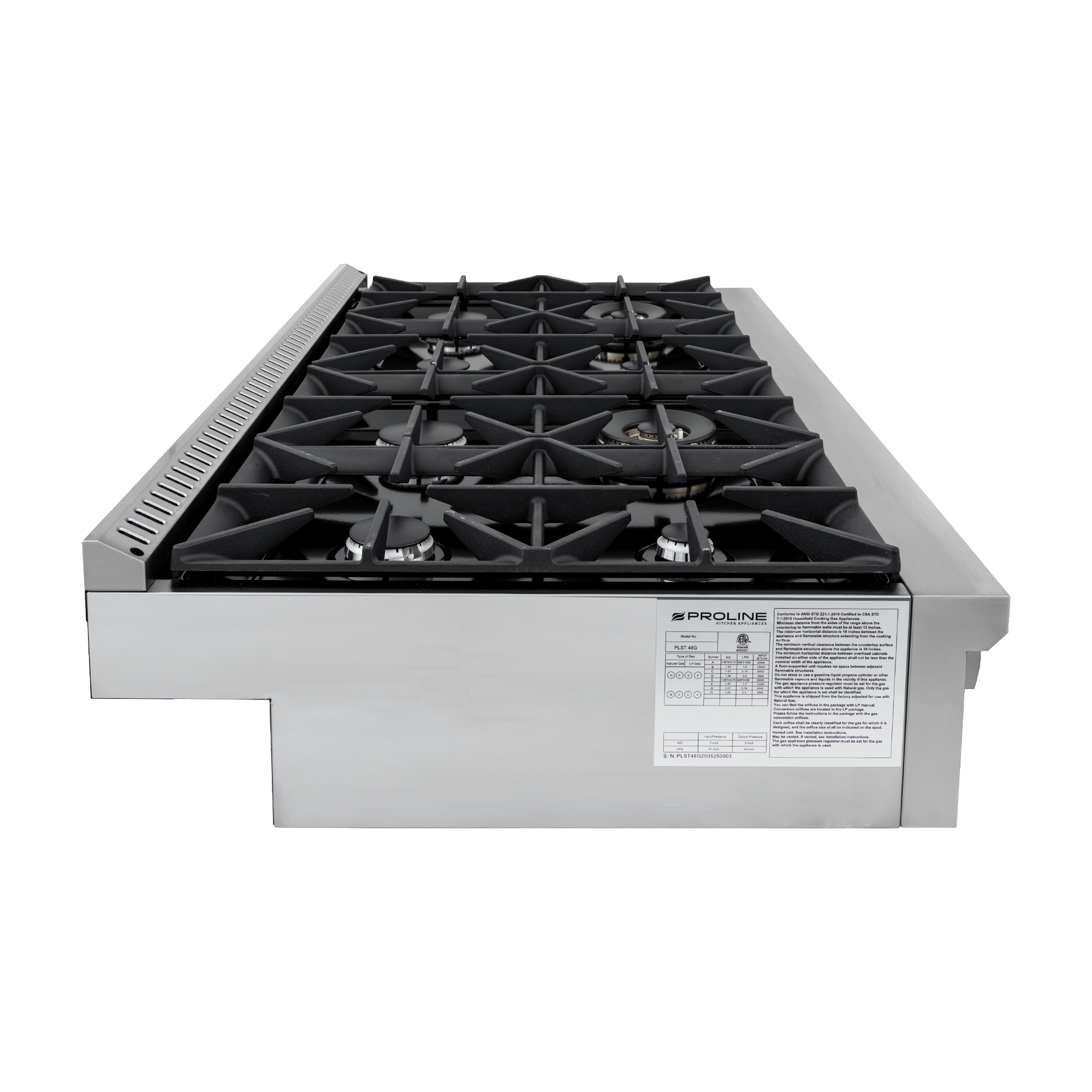 The Proline PLST 48 in. Gas Rangetop has six burners, black grates, side view on white. ProlineRangeHoods.com.