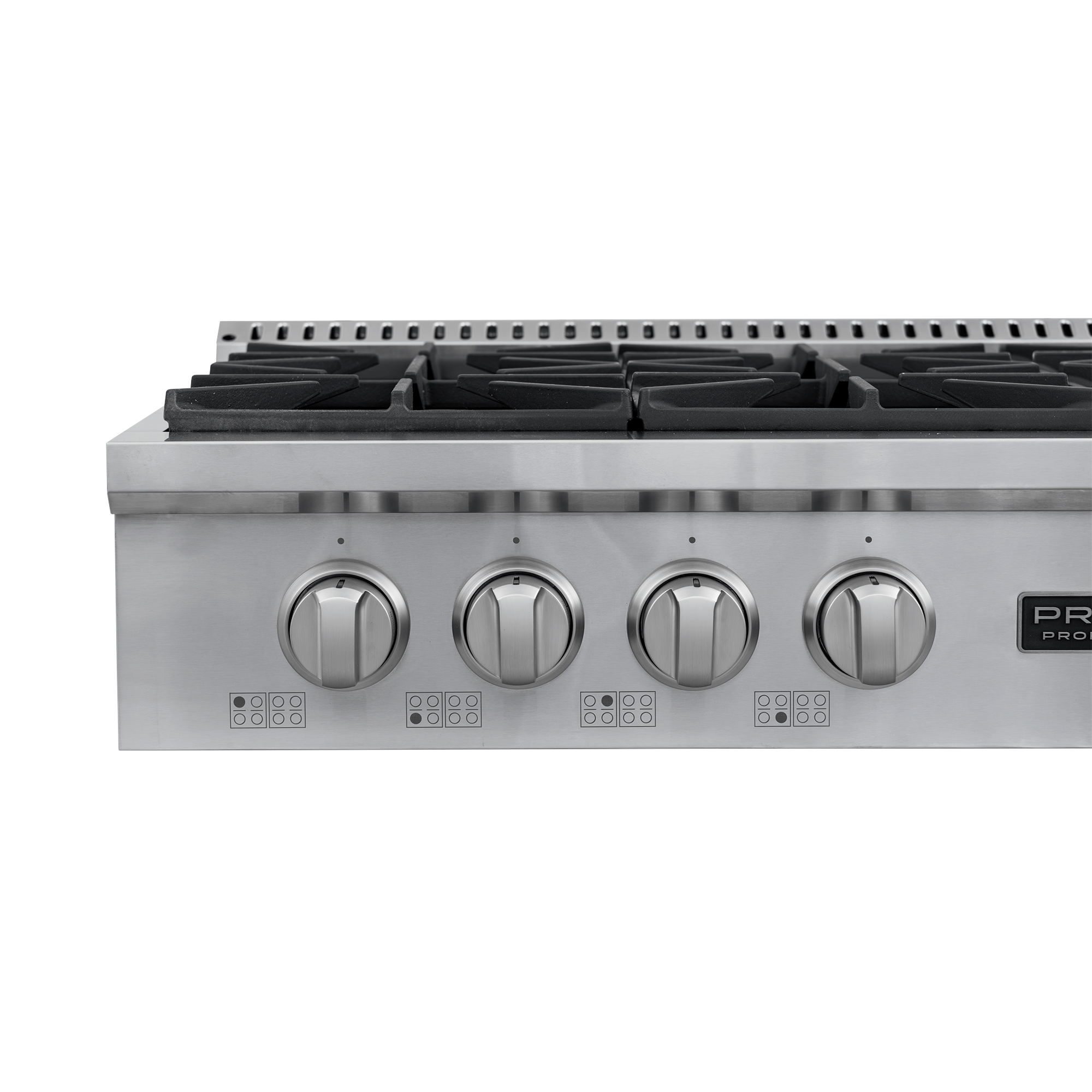 ProlineRangeHoods.com Proline PLST 48" Gas Rangetop has a stainless cooktop, 4 knobs, dual burners, and black grates.