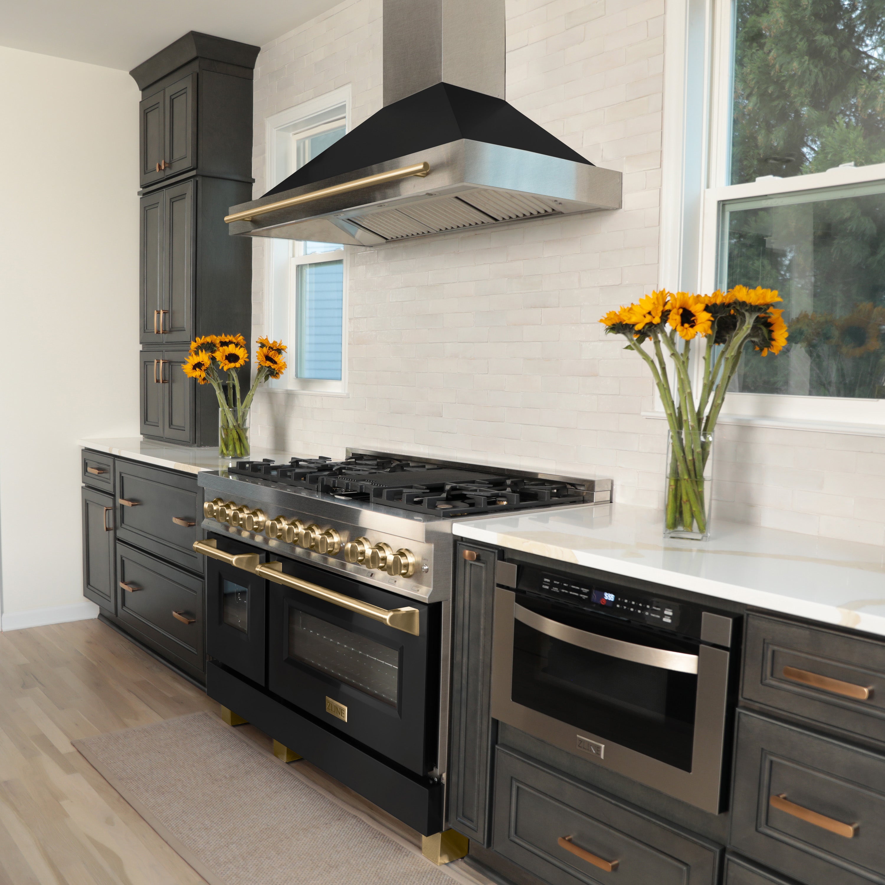 ZLINE Autograph Edition 48 in. 6.0 cu. ft. Legacy Dual Fuel Range with 7 Burner Gas Cooktop and 2 Electric Ovens in Satin Stainless Steel with Black Matte Doors and Champagne Bronze Accents (RASZ-BLM-48-CB)