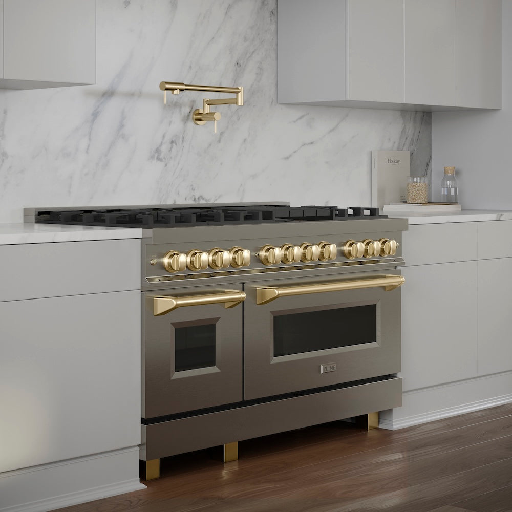 ZLINE Autograph Edition 48 in. 6.0 cu. ft. Legacy Dual Fuel Range with 7 Burner Gas Cooktop and 2 Electric Ovens in Stainless Steel and Champagne Bronze Accents (RAZ-48-CB)