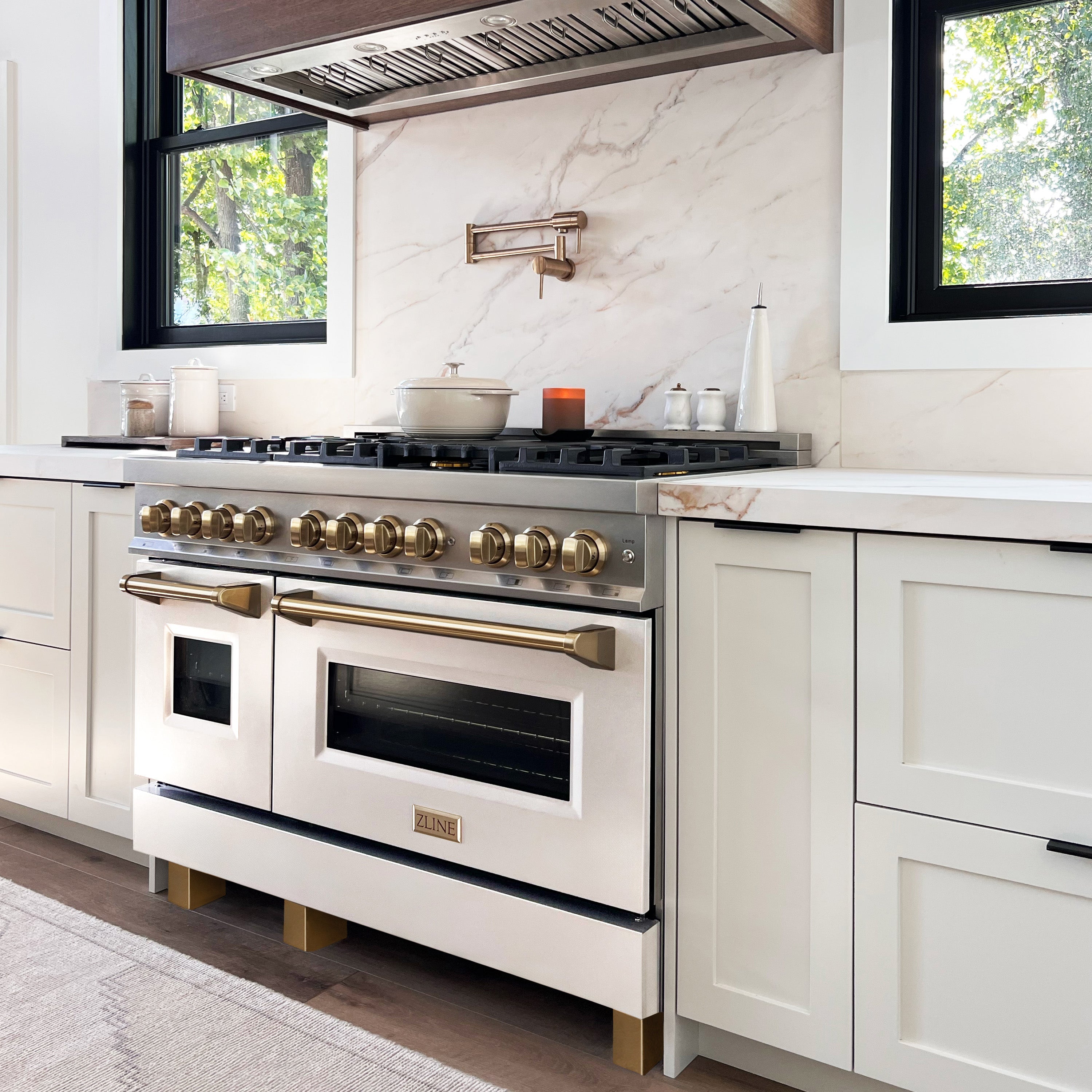 ZLINE Autograph Edition 48 in. 6.0 cu. ft. Legacy Dual Fuel Range with 7 Burner Gas Cooktop and 2 Electric Ovens in Stainless Steel and Champagne Bronze Accents (RAZ-48-CB)