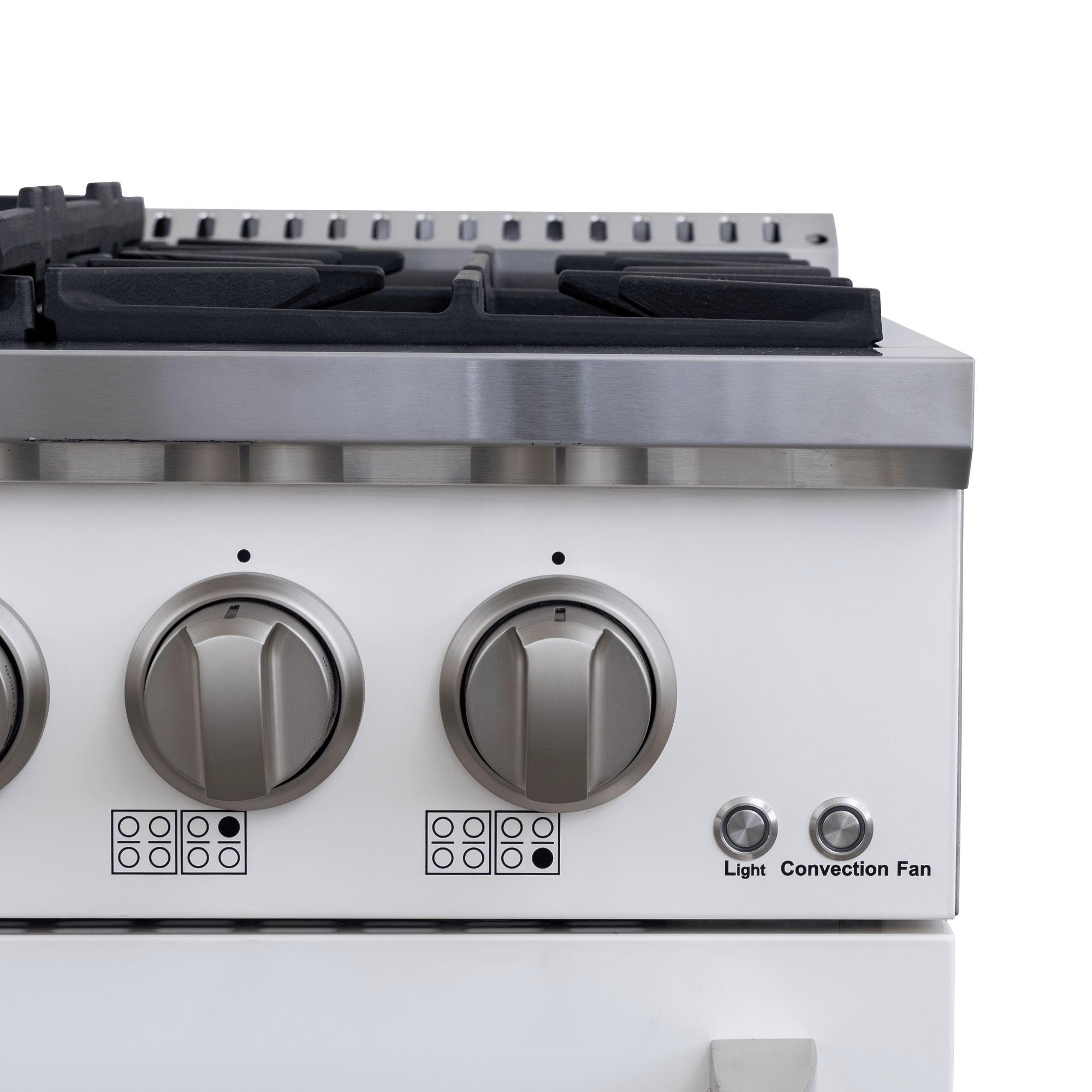 Proline PLSR 48GG 48" glossy white range with 8 burners, dual ovens, griddle, controls; ProlineRangeHoods.com.