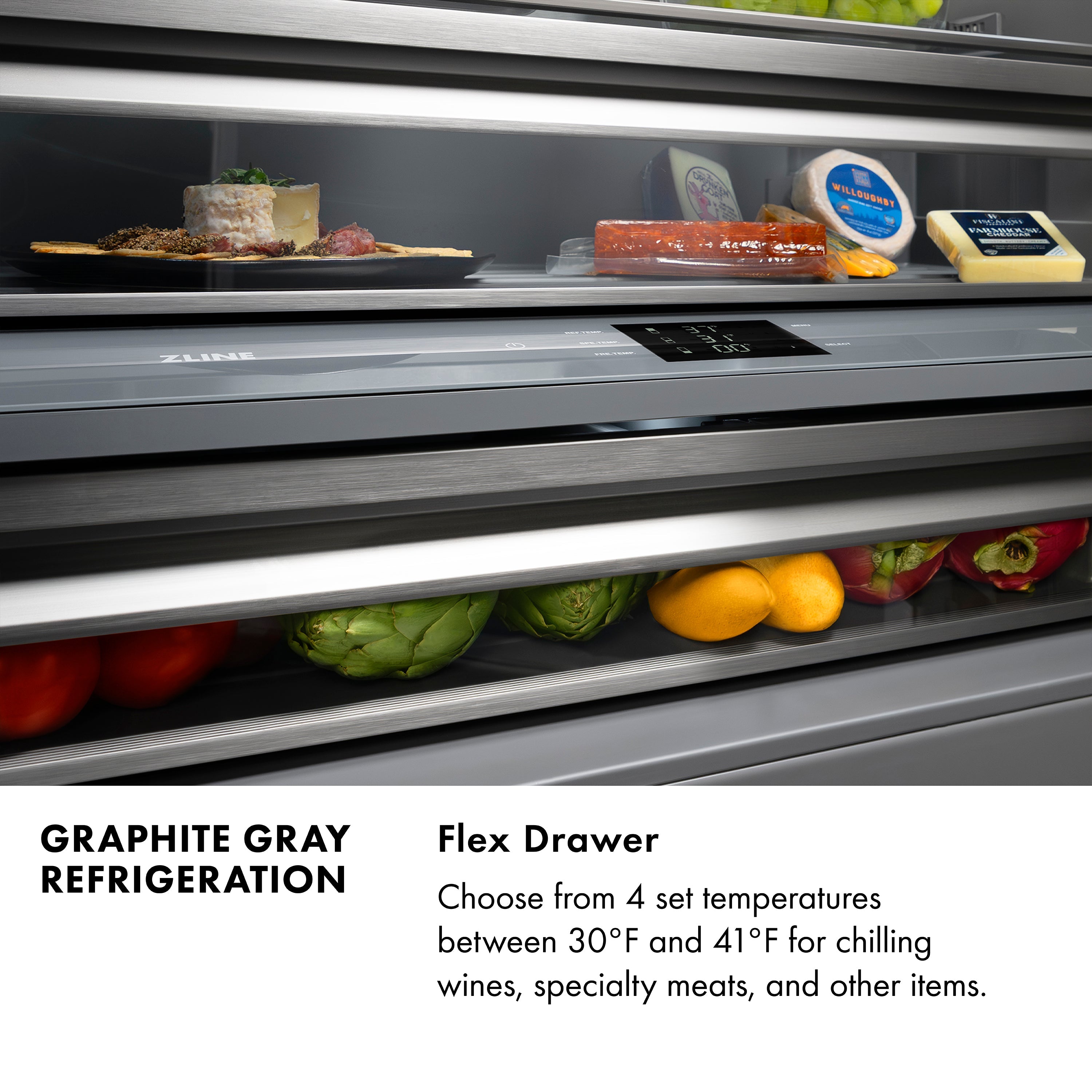 ZLINE 30 in. 16.1 cu. ft. Built-In Bottom Freezer Refrigerator with Water Dispenser and Ice Maker in DuraSnow® Stainless Steel with Graphite Gray Interior (GRBIV-SN-30)